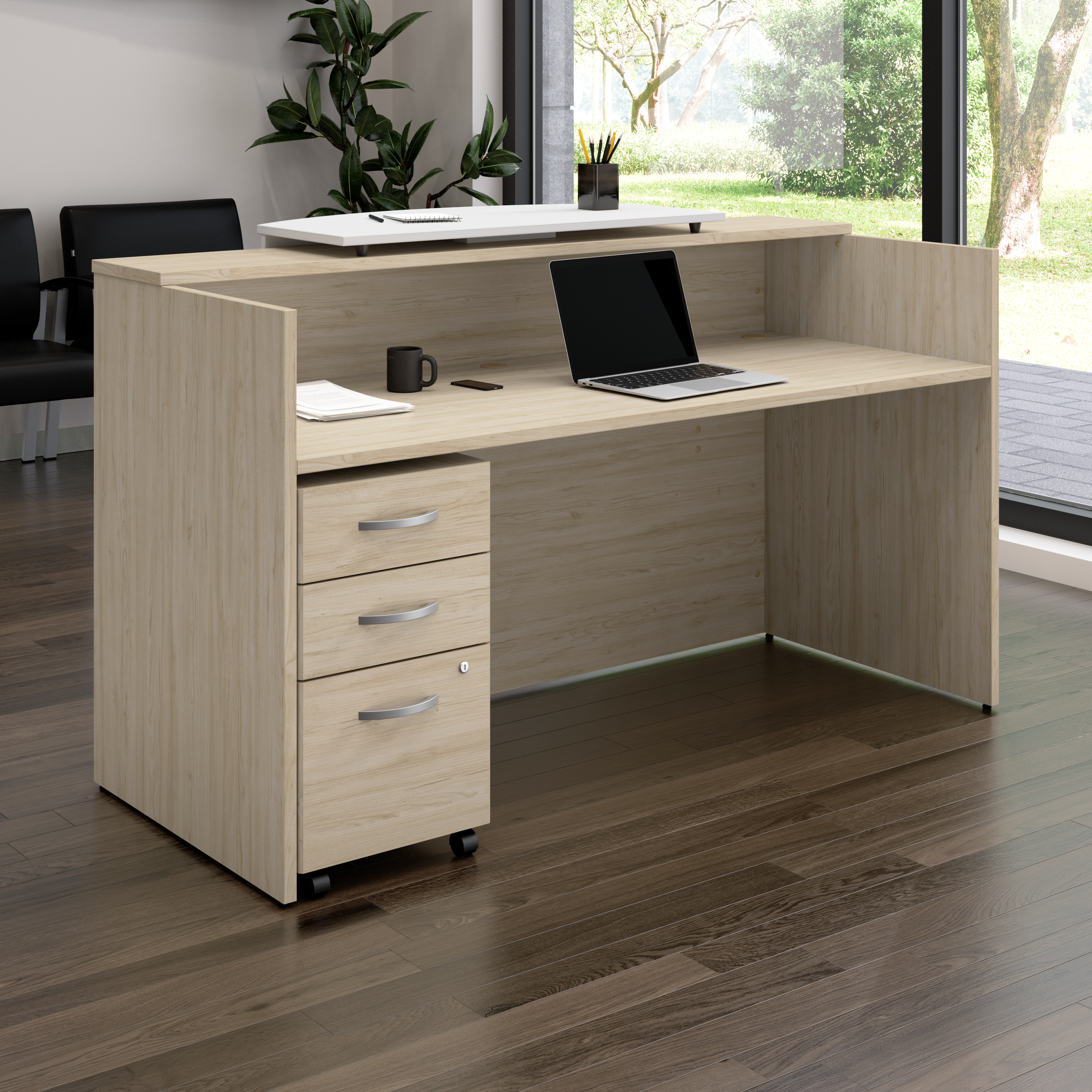Shop Bush Business Furniture Arrive 72W x 30D Reception Desk with Counter and Mobile File Cabinet 01 ARV008NE #color_natural elm