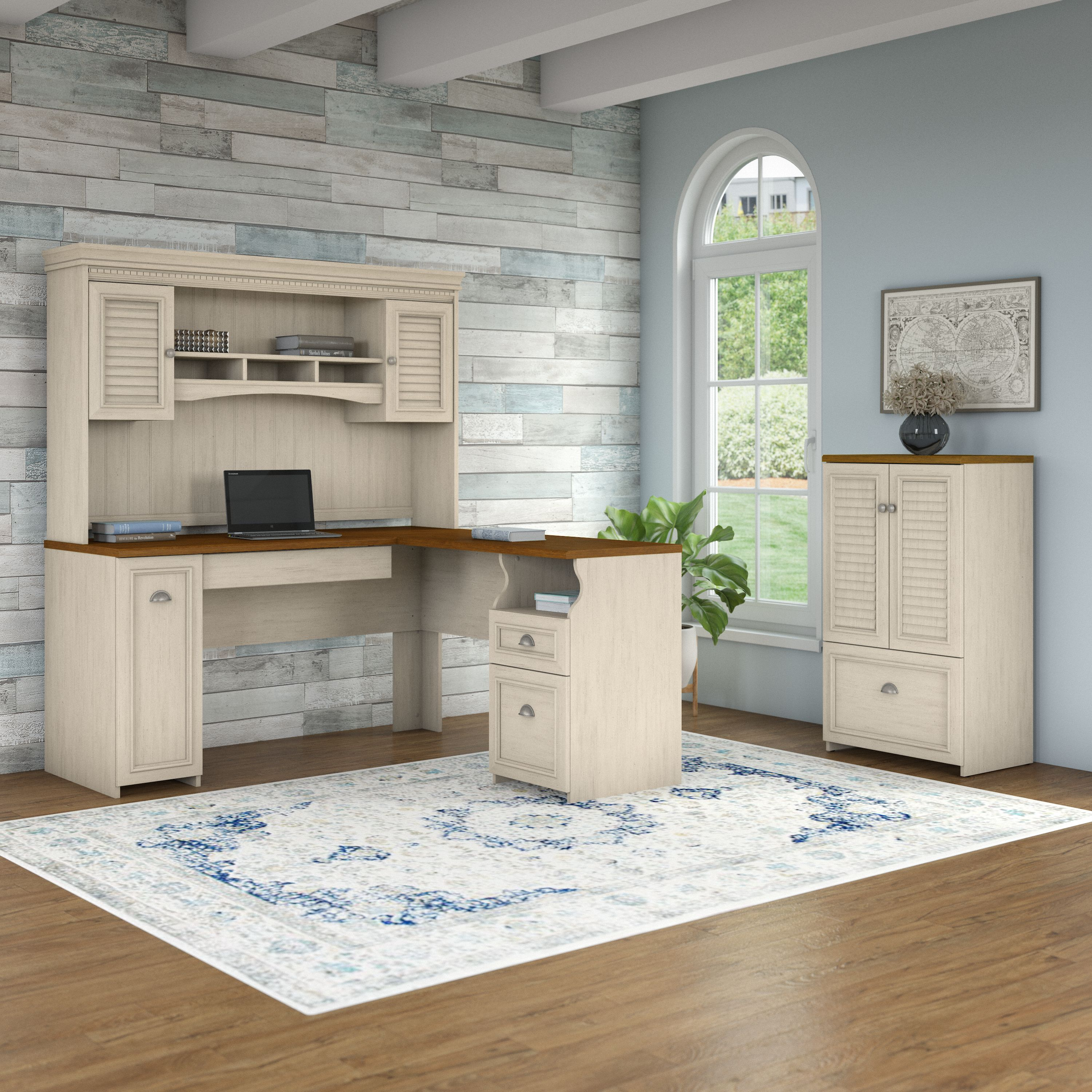 Shop Bush Furniture Fairview 60W L Shaped Desk with Hutch and Storage Cabinet with File Drawer 01 FV010AW #color_antique white/tea maple