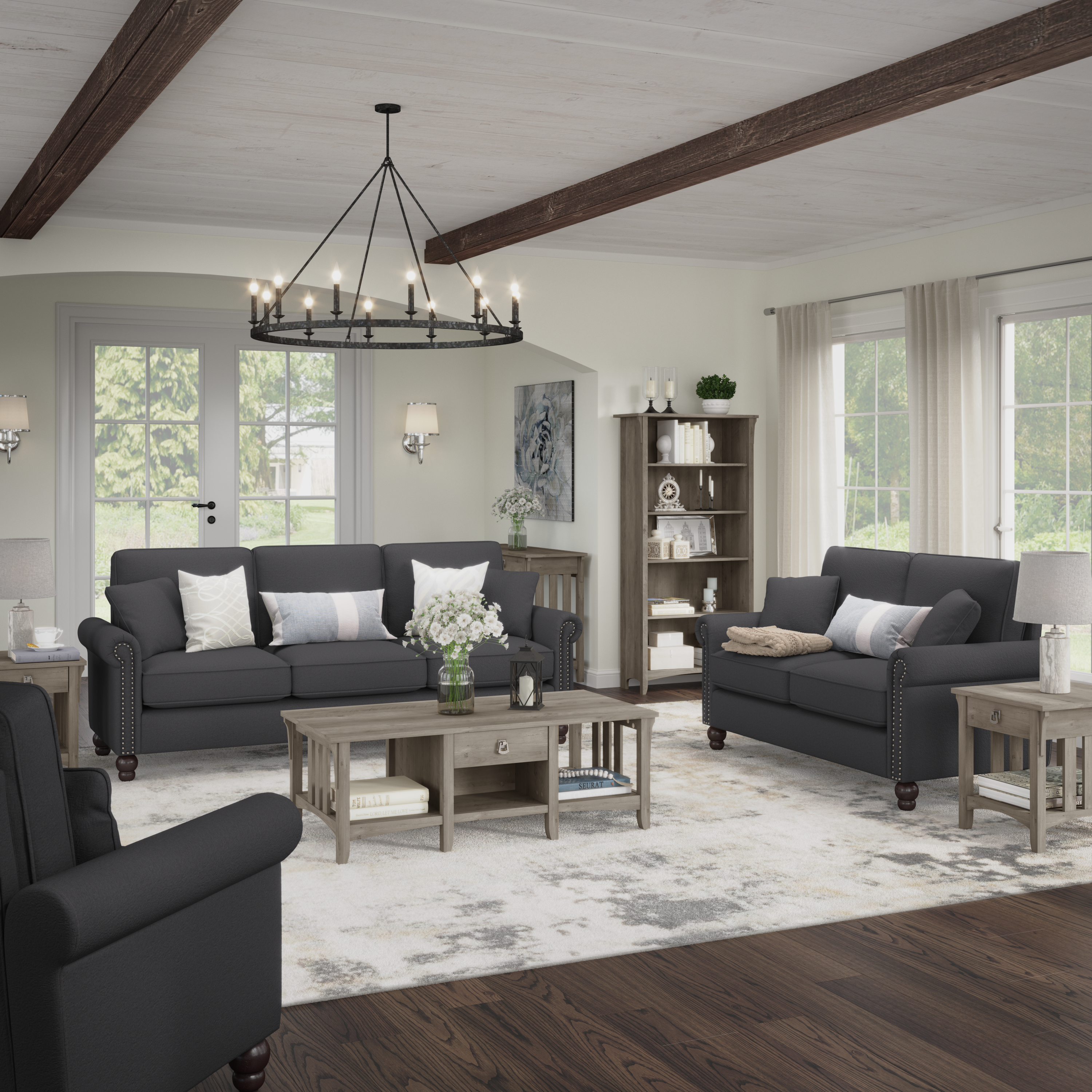 Shop Bush Furniture Coventry 137W U Shaped Sectional Couch 09 CVY135BCGH-03K #color_charcoal gray herringbone fabr