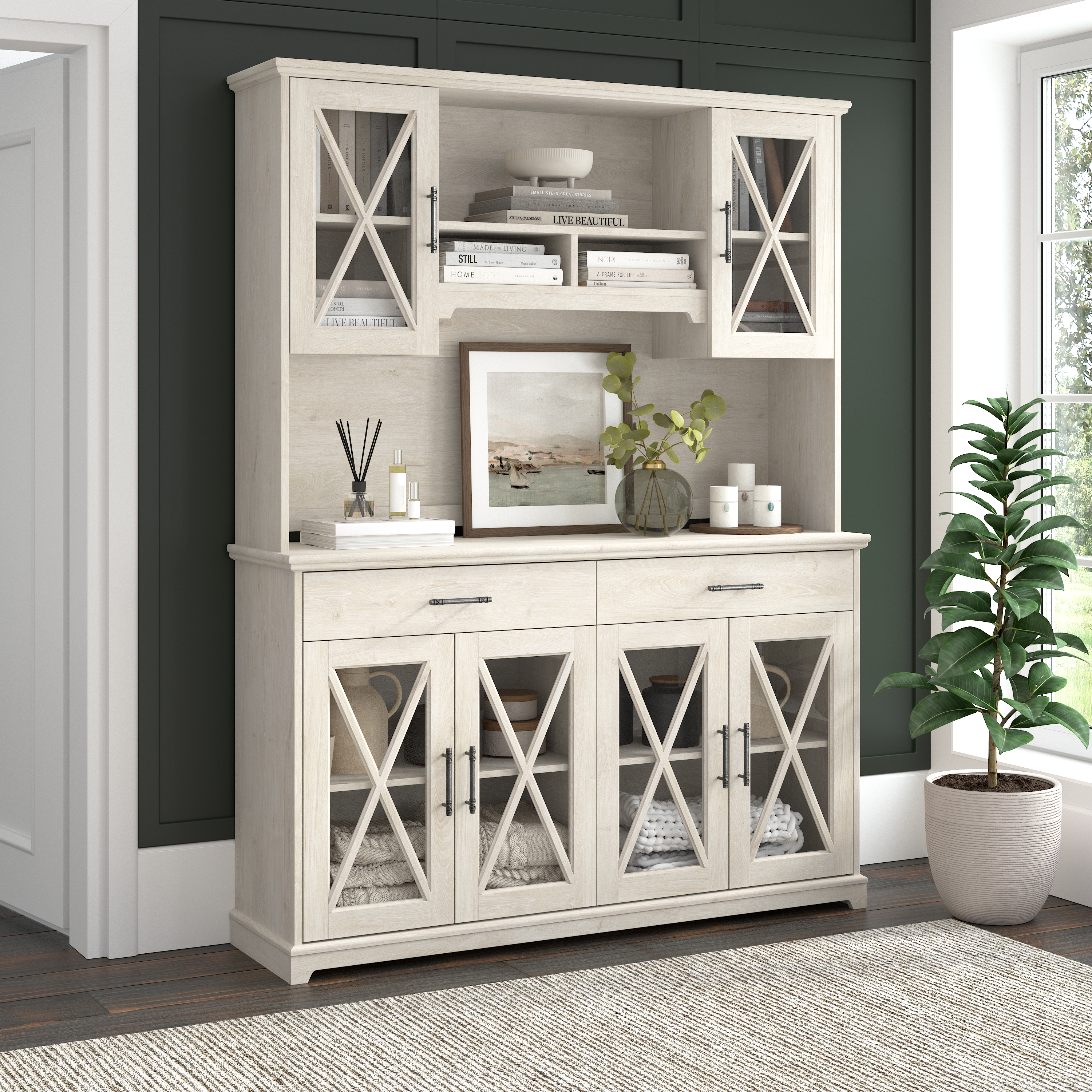 Shop Bush Furniture Lennox 60W Farmhouse Sideboard Buffet Cabinet with Hutch 01 LEN017LW #color_linen white oak