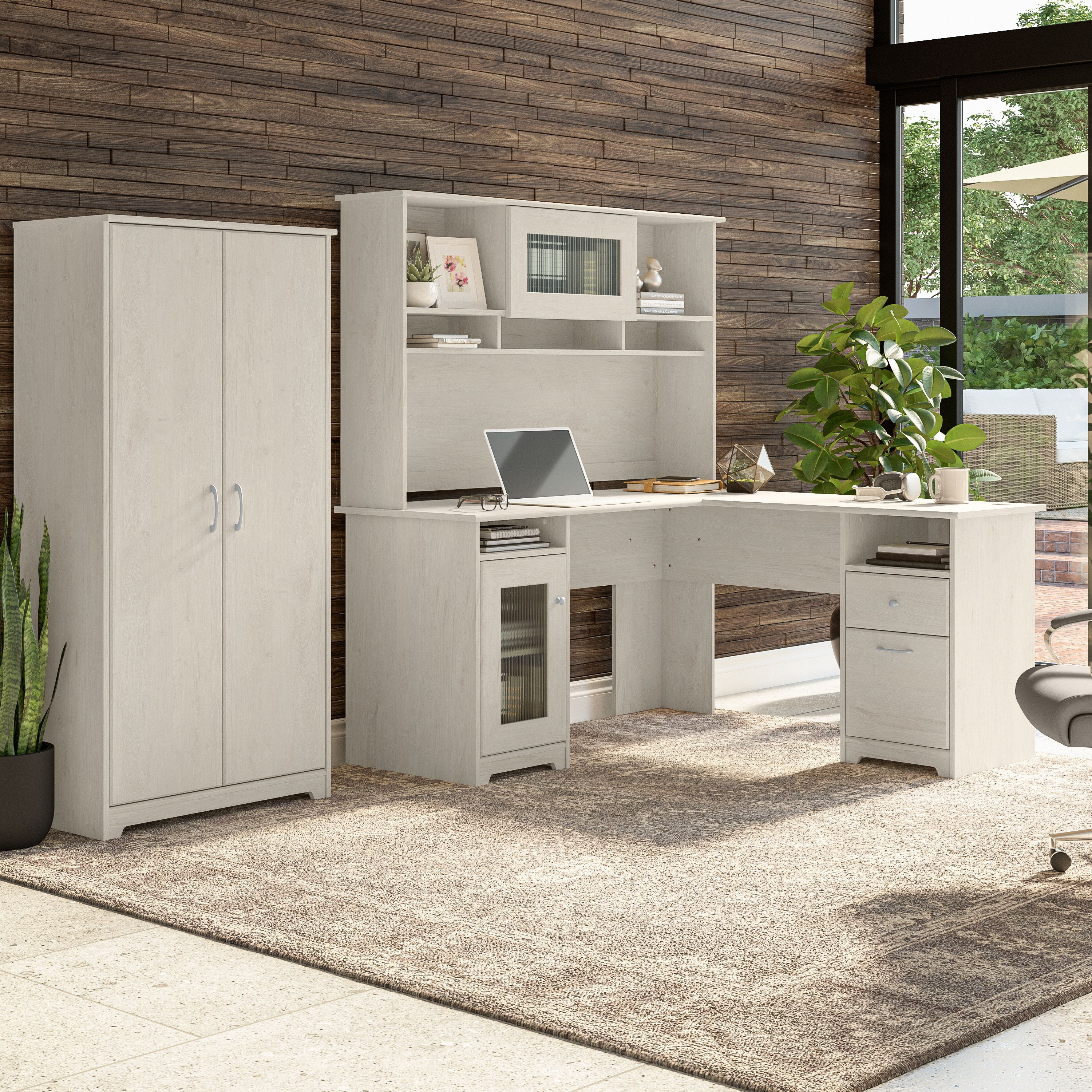 Shop Bush Furniture Cabot 60W L Shaped Computer Desk with Hutch and Tall Storage Cabinet 01 CAB017LW #color_linen white oak