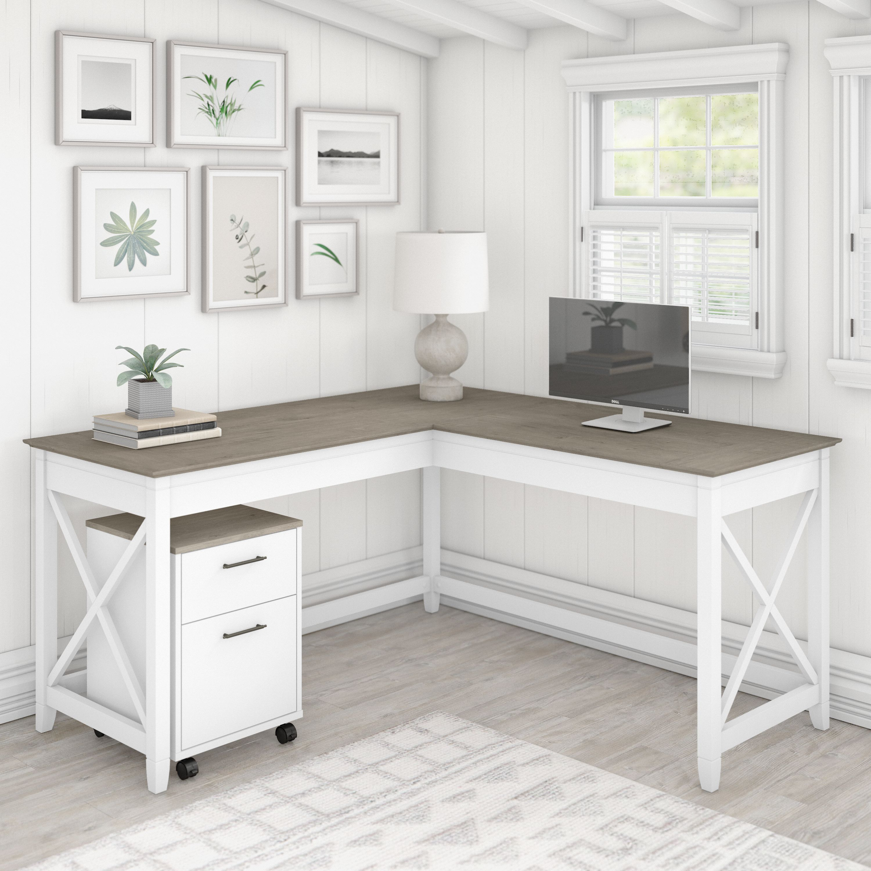 Shop Bush Furniture Key West 60W L Shaped Desk with 2 Drawer Mobile File Cabinet 01 KWS013G2W #color_shiplap gray/pure white