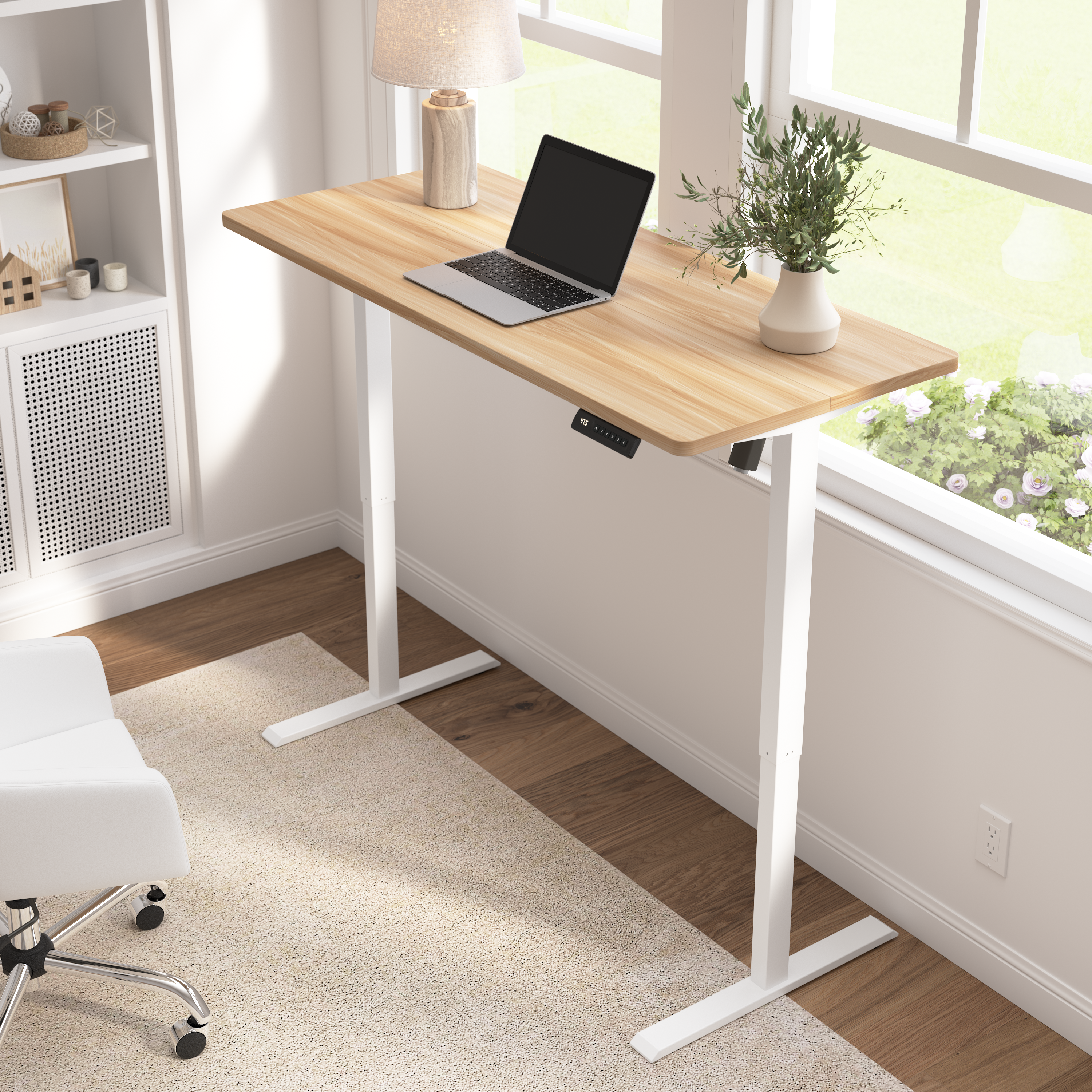 Shop Bush Furniture Energize 55W x 24D Electric Height Adjustable Standing Desk 01 EZ155MAW-03 #color_maple/white frame