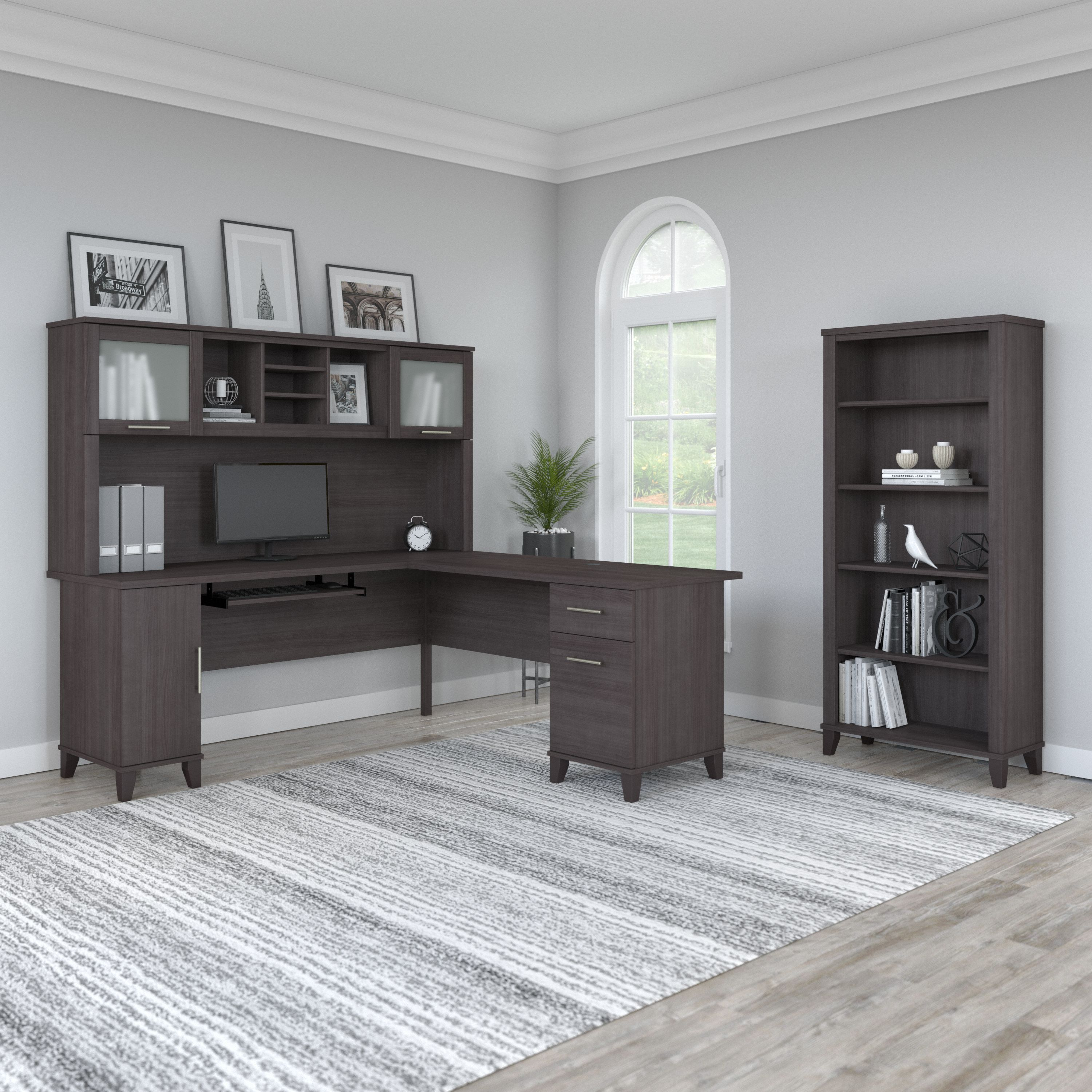 Shop Bush Furniture Somerset 72W L Shaped Desk with Hutch and 5 Shelf Bookcase 01 SET011SG #color_storm gray