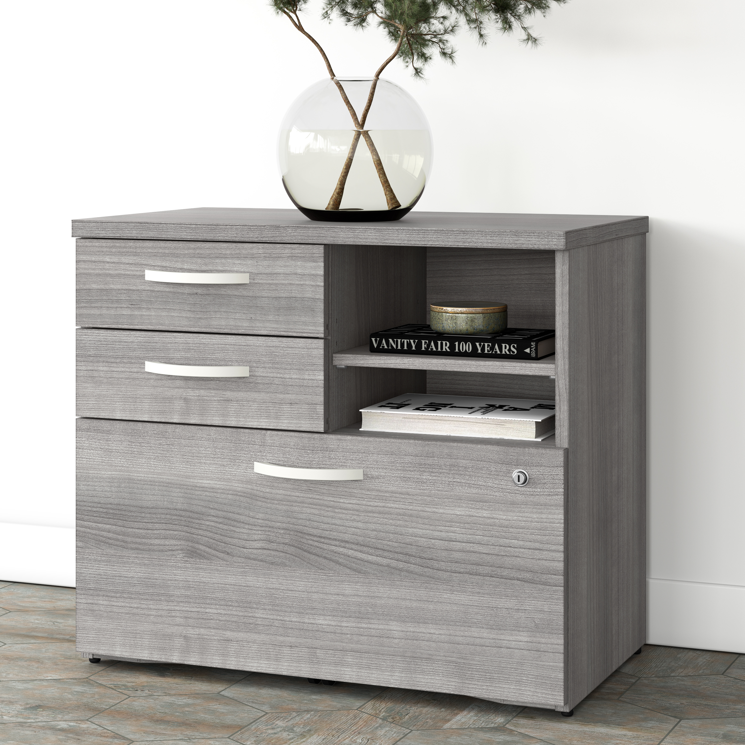 Shop Bush Business Furniture Studio A Office Storage Cabinet with Drawers and Shelves 01 SDF130PGSU-Z #color_platinum gray