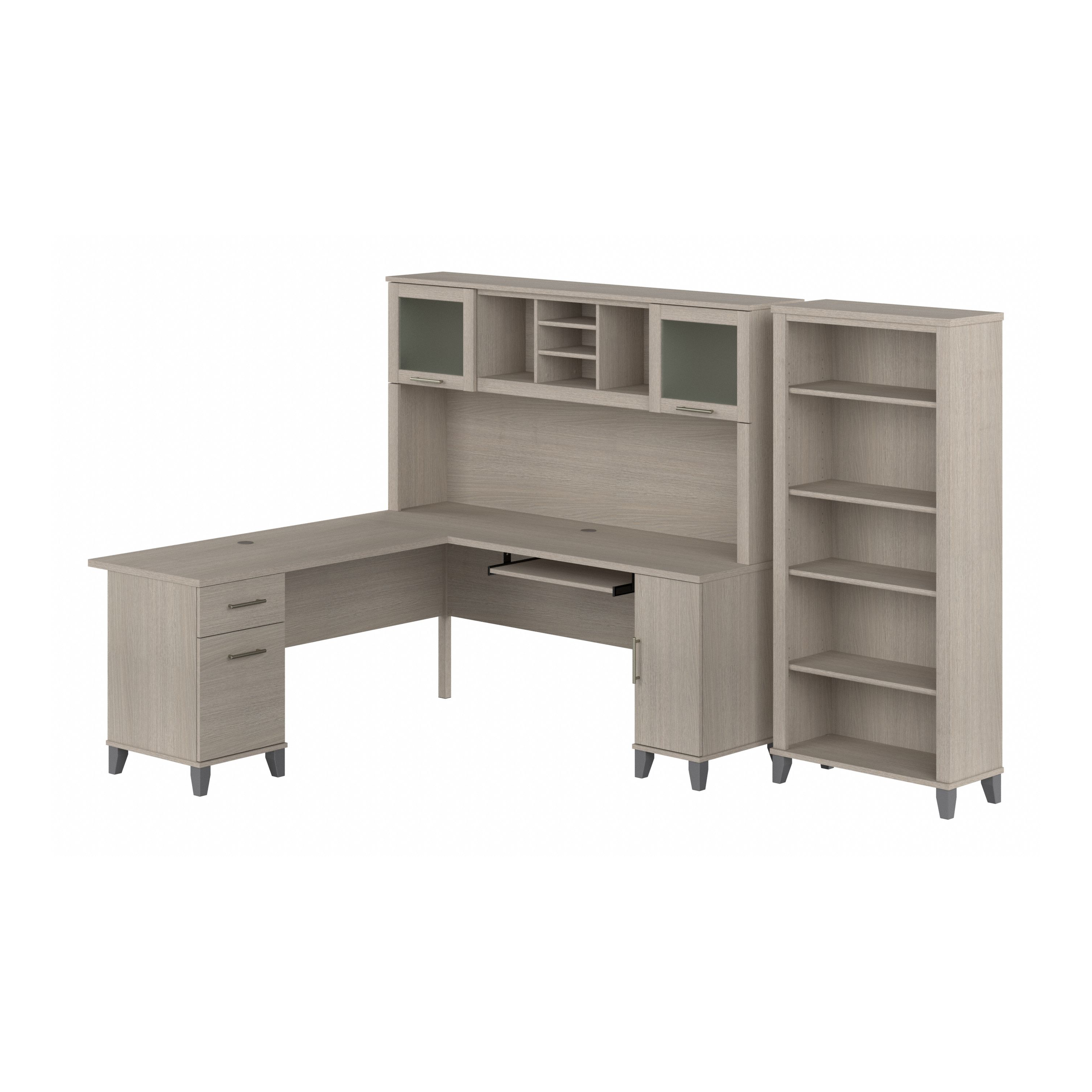 Shop Bush Furniture Somerset 72W L Shaped Desk with Hutch and 5 Shelf Bookcase 02 SET011SO #color_sand oak