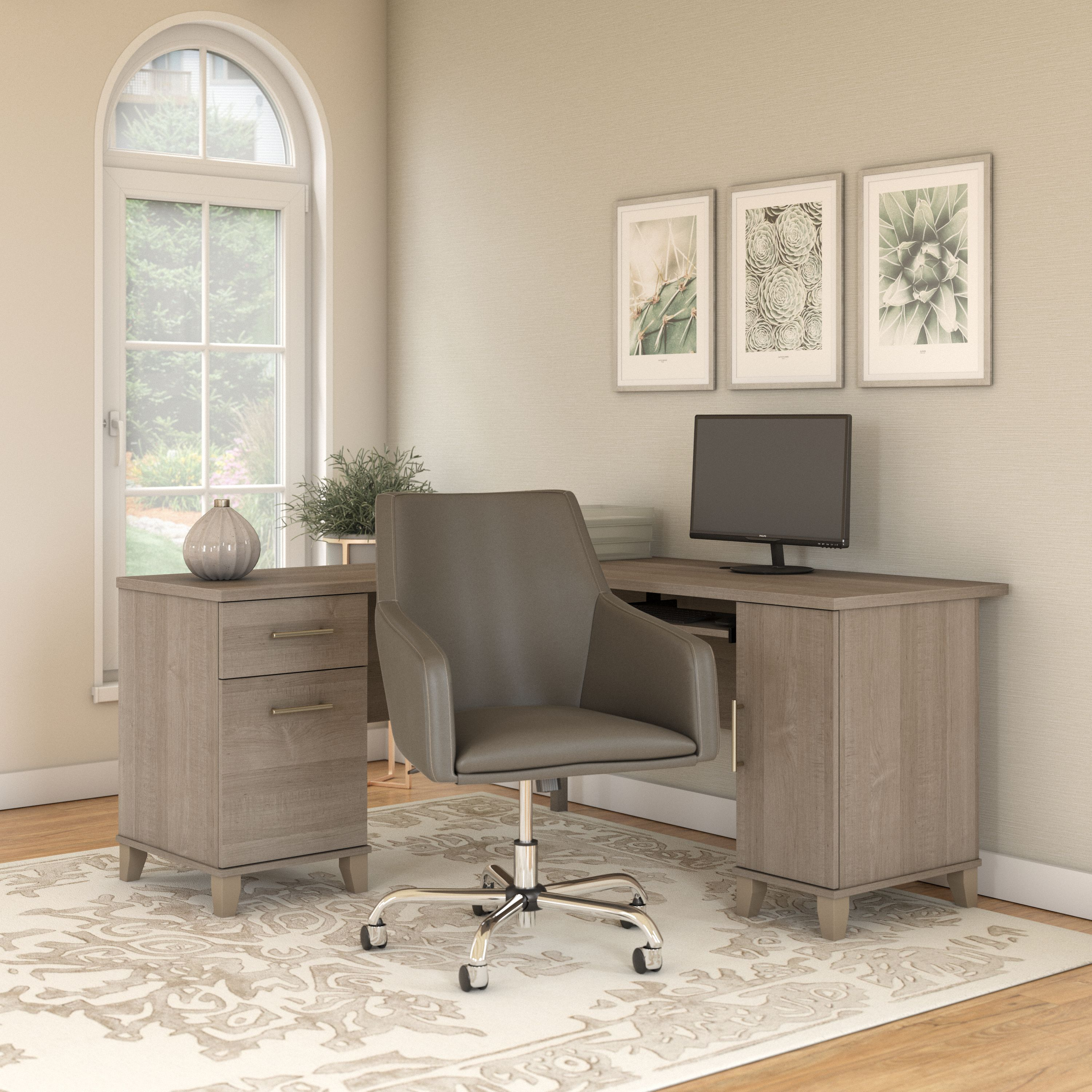 Shop Bush Furniture Somerset 60W L Shaped Desk with Mid Back Leather Box Chair 01 SET022AG #color_ash gray