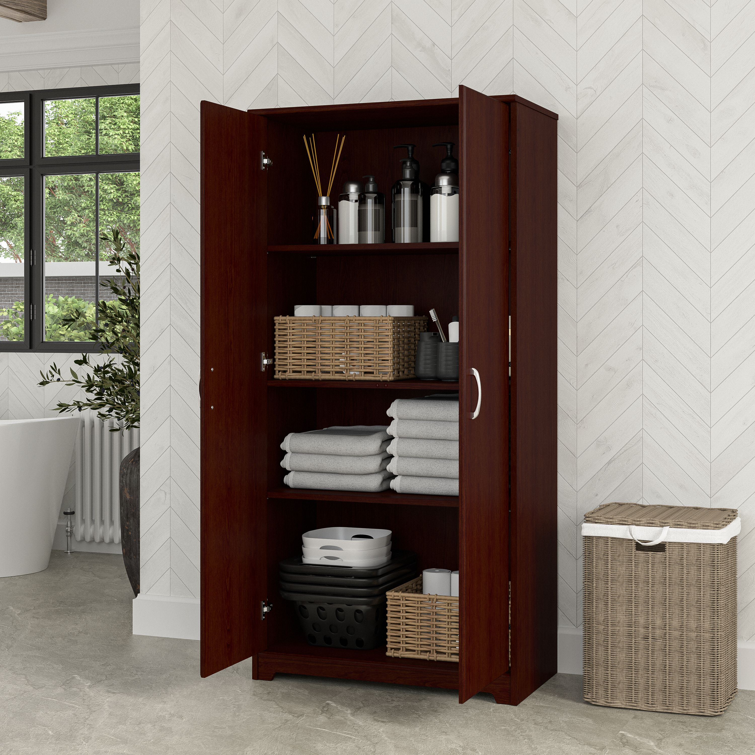 Shop Bush Furniture Cabot Tall Bathroom Storage Cabinet with Doors 06 WC31499-Z1 #color_harvest cherry
