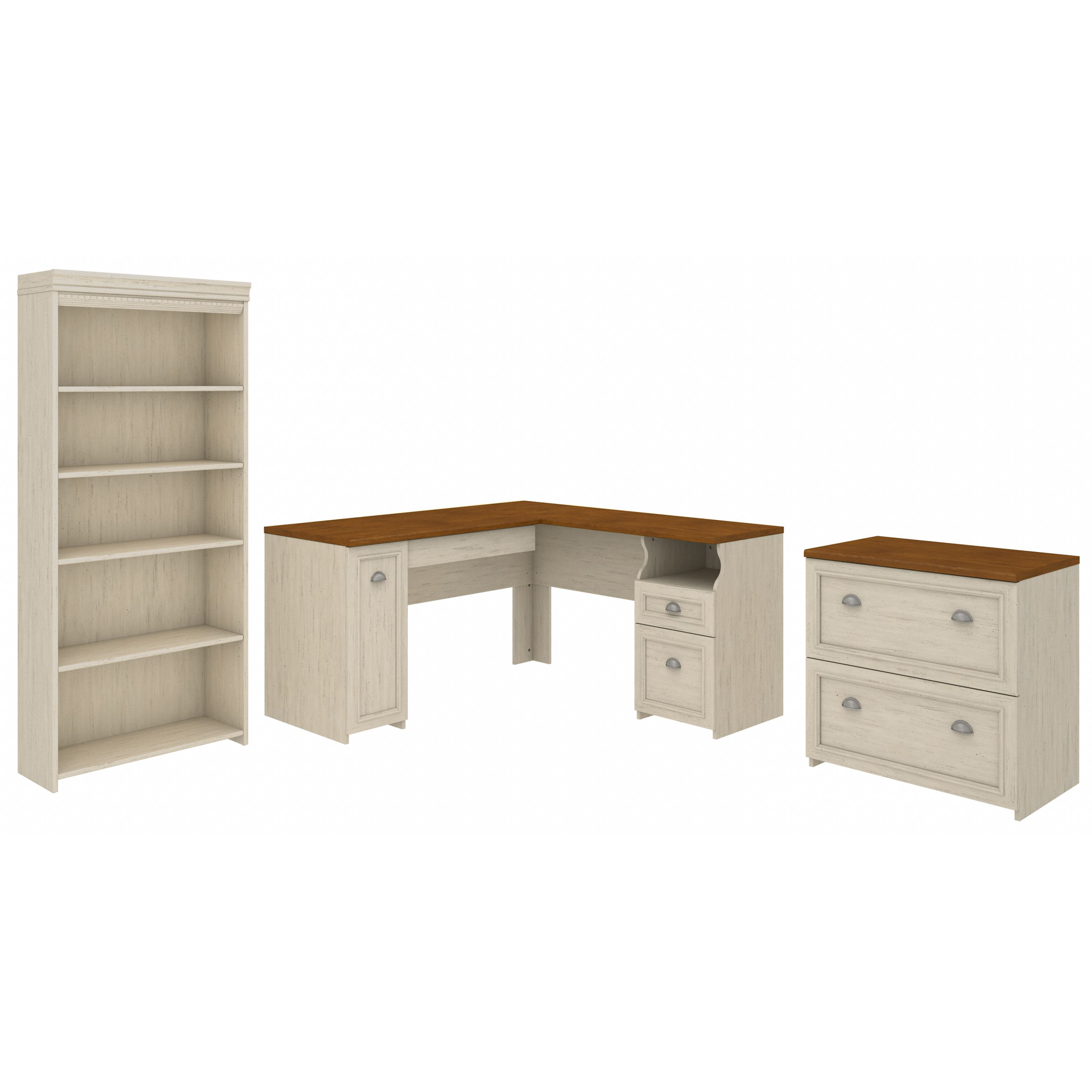 Shop Bush Furniture Fairview 60W L Shaped Desk with Lateral File Cabinet and 5 Shelf Bookcase 02 FV008AW #color_antique white