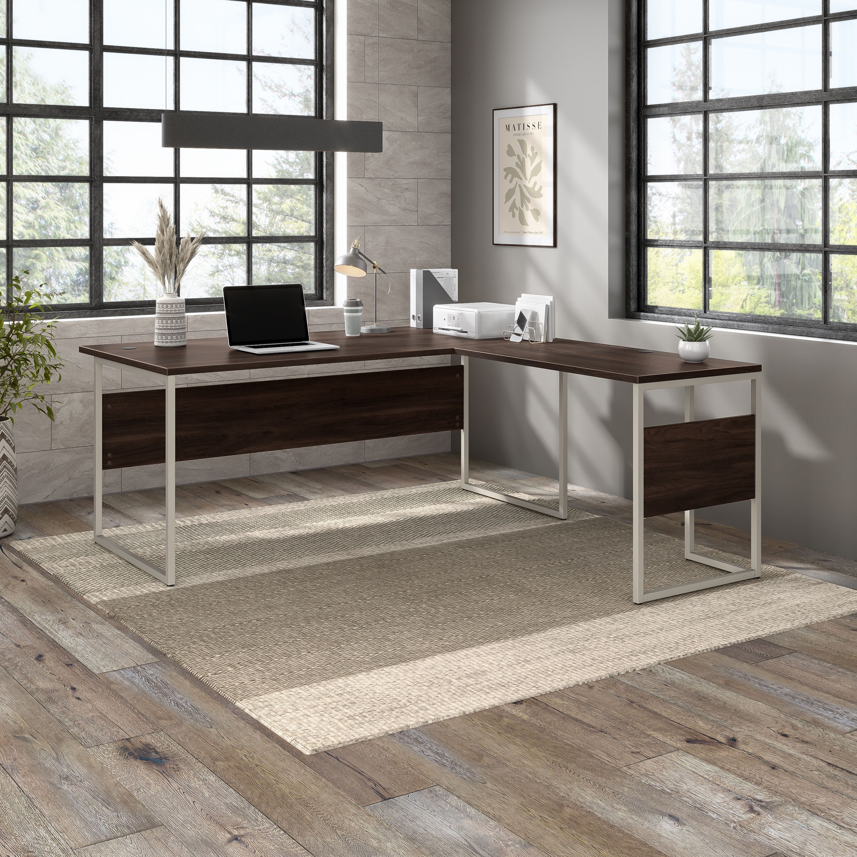 Shop Bush Business Furniture Hybrid 72W x 36D L Shaped Table Desk with Metal Legs 01 HYB025BW #color_black walnut