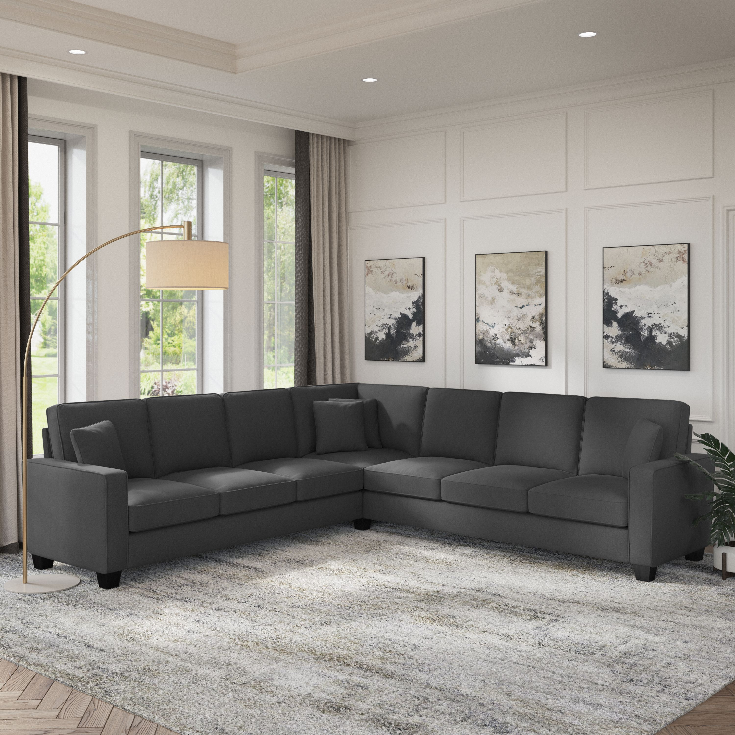 Shop Bush Furniture Stockton 111W L Shaped Sectional Couch 01 SNY110SCGH-03K #color_charcoal gray herringbone fabr