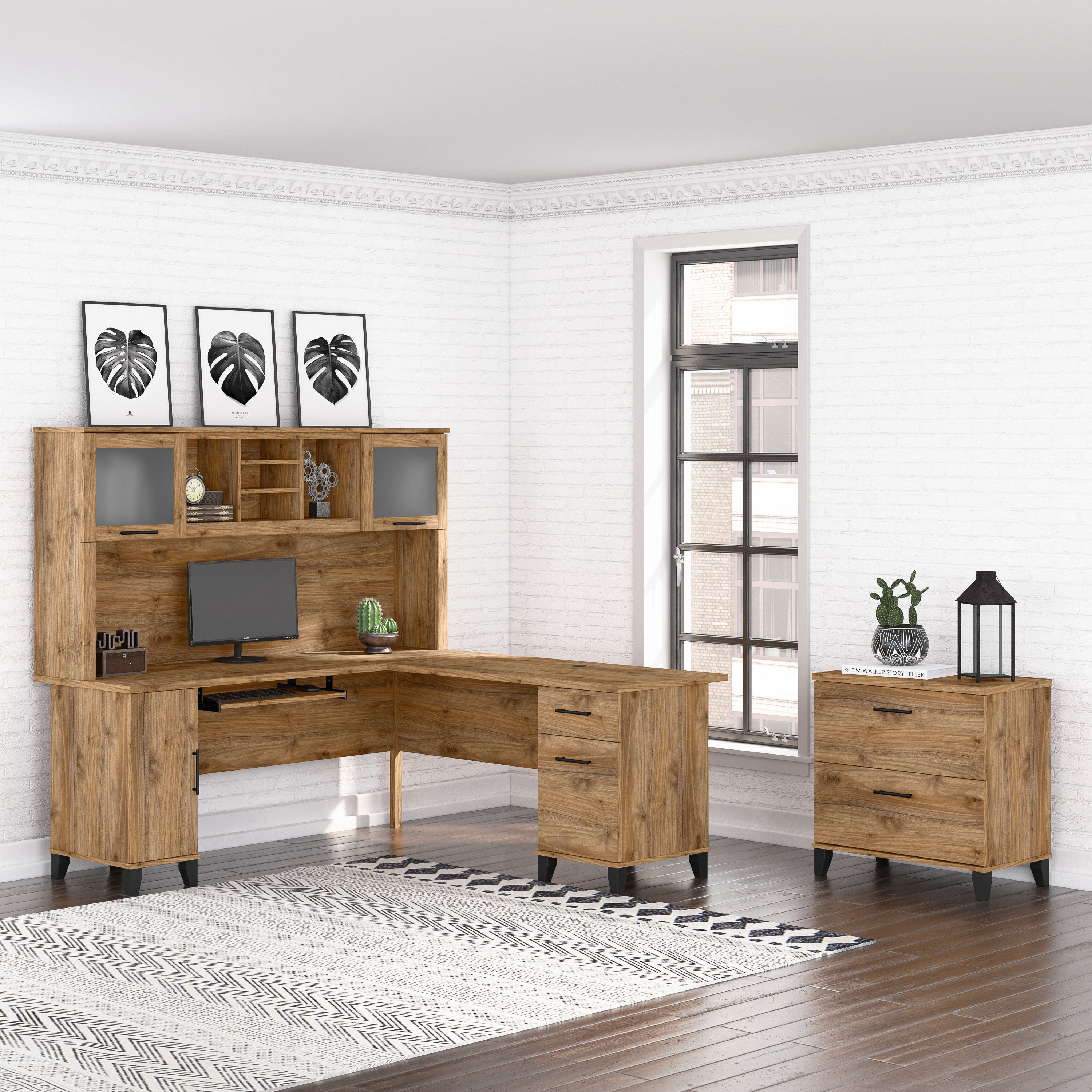 Shop Bush Furniture Somerset 72W L Shaped Desk with Hutch and Lateral File Cabinet 01 SET009FW #color_fresh walnut