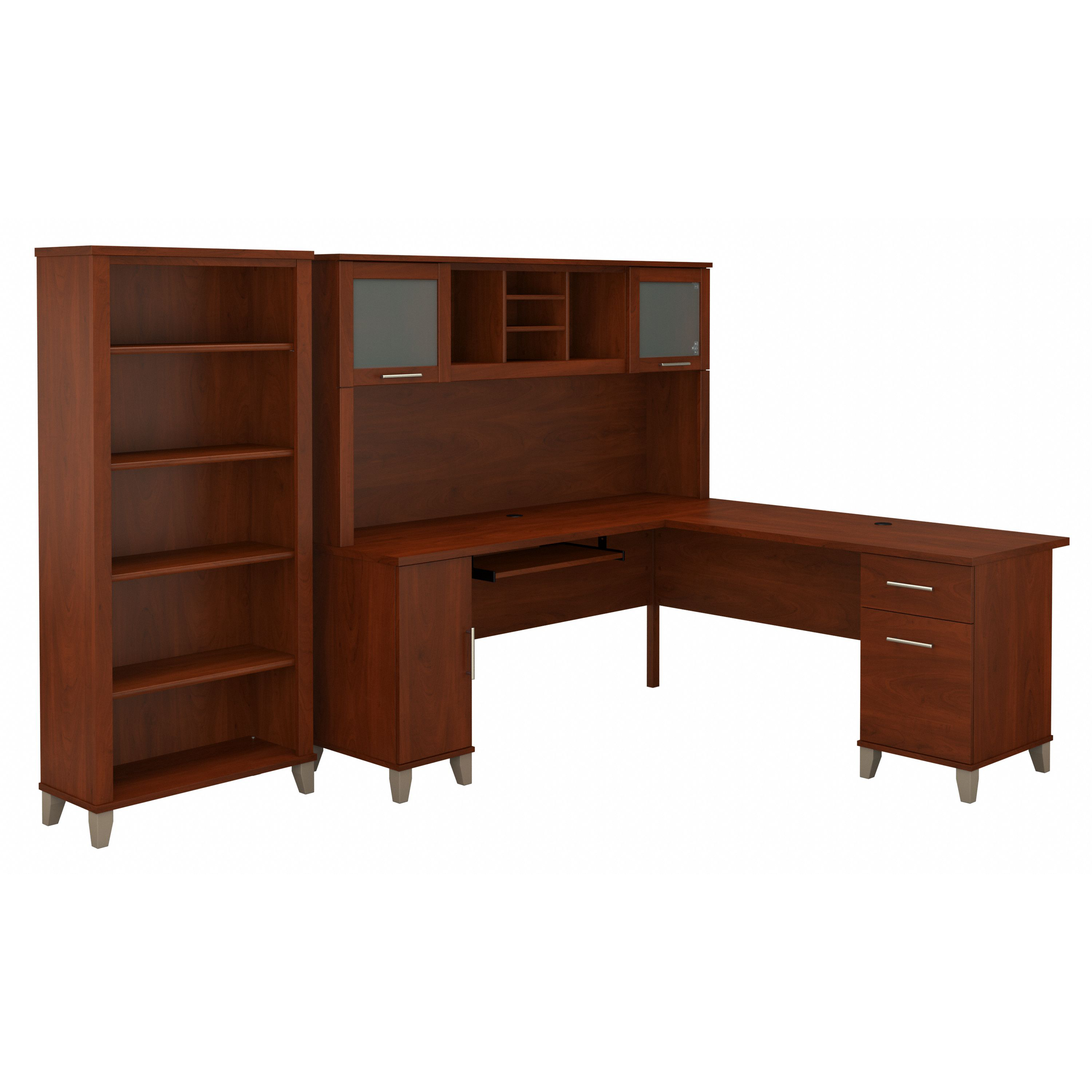Shop Bush Furniture Somerset 72W L Shaped Desk with Hutch and 5 Shelf Bookcase 02 SET011HC #color_hansen cherry