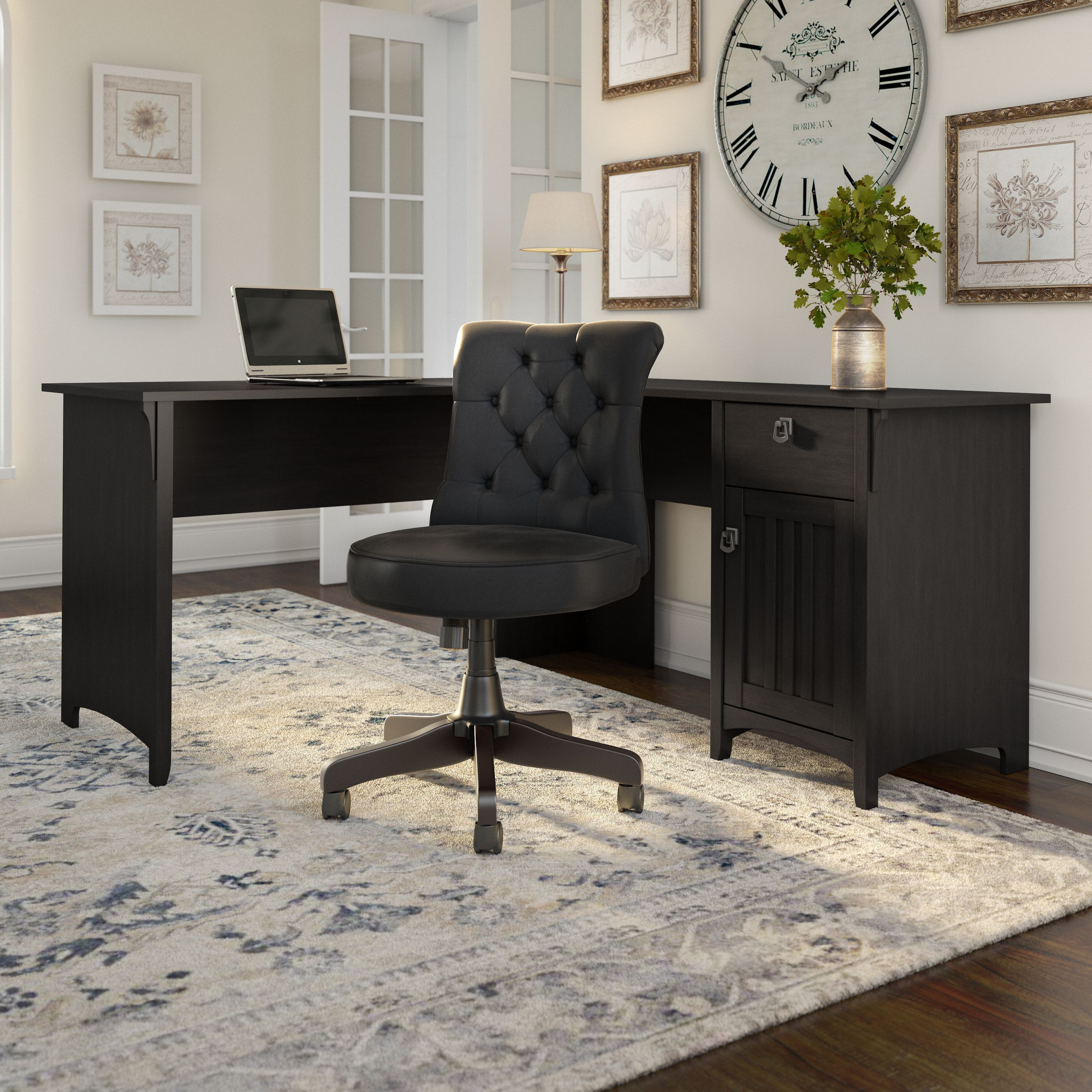 Shop Bush Furniture Salinas 60W L Shaped Desk with Mid Back Tufted Office Chair 01 SAL010VB #color_vintage black