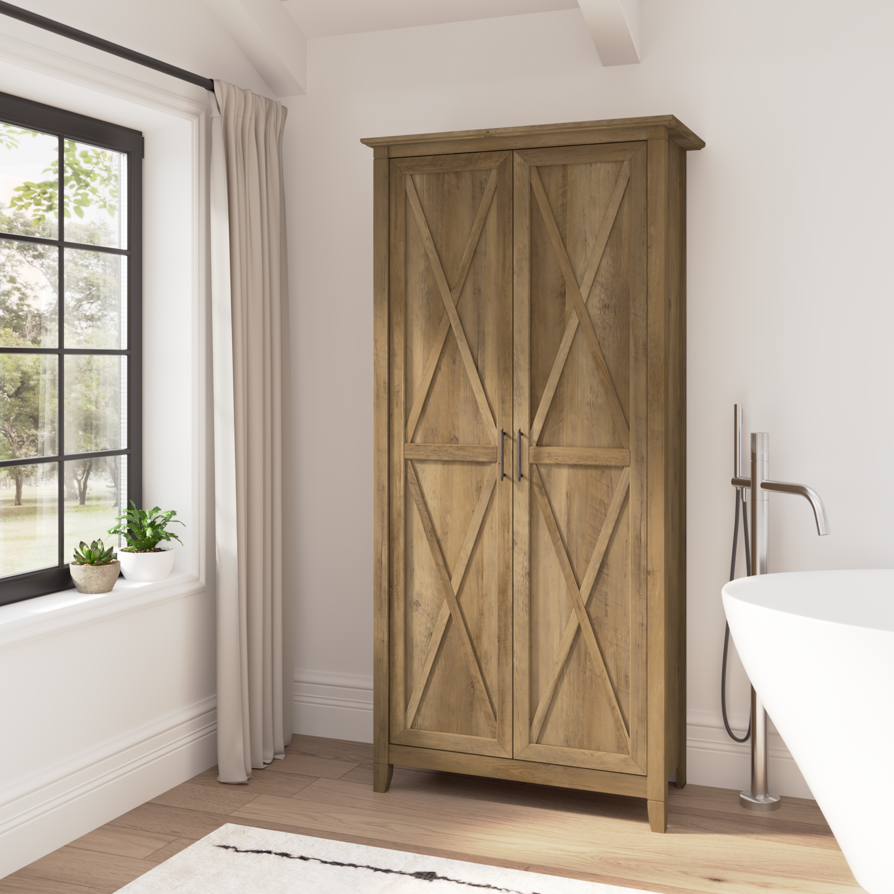 Shop Bush Furniture Key West Tall Bathroom Cabinet with Doors and Shelves 01 KWS266RCP-Z1 #color_reclaimed pine