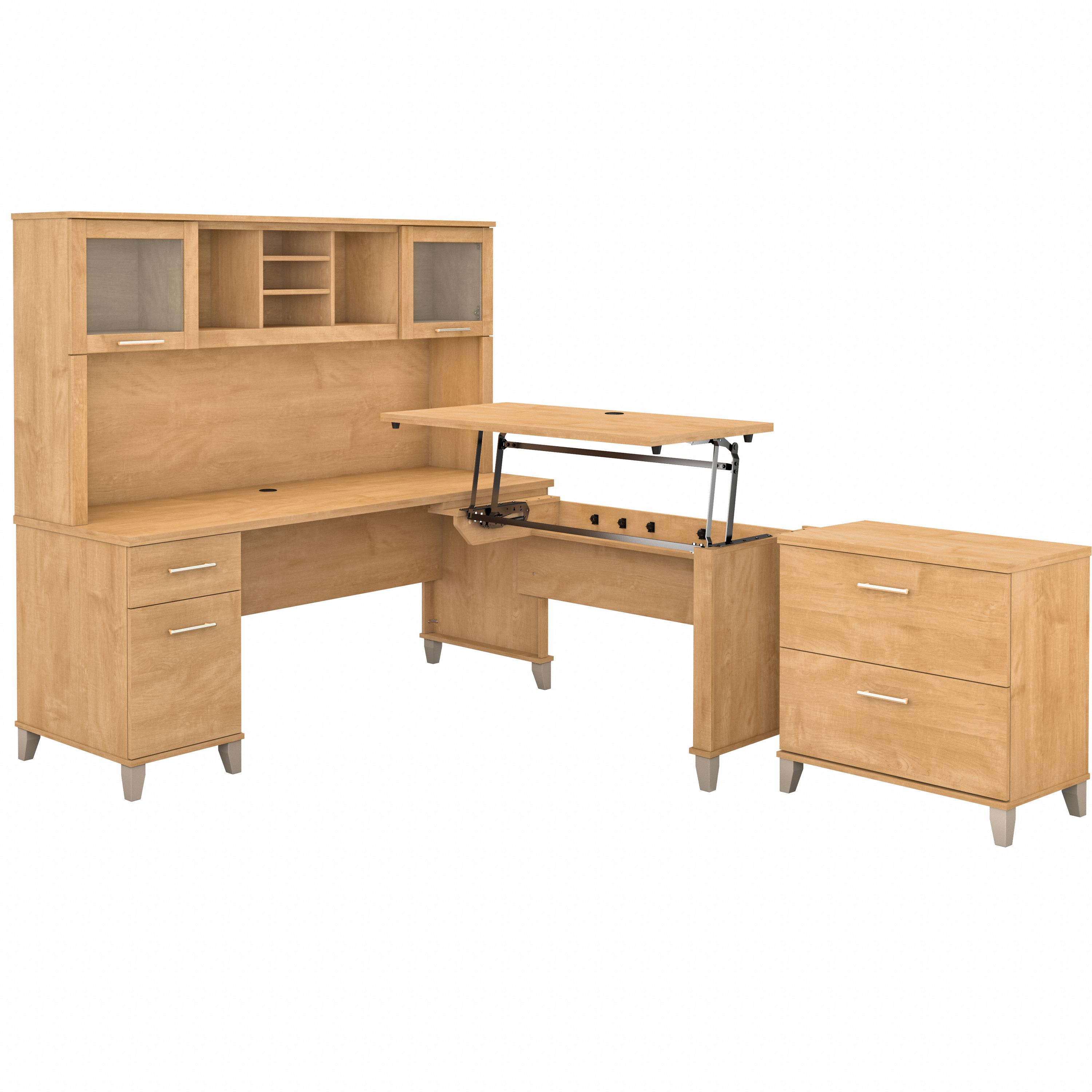 Shop Bush Furniture Somerset 72W 3 Position Sit to Stand L Shaped Desk with Hutch and File Cabinet 02 SET016MC #color_maple cross