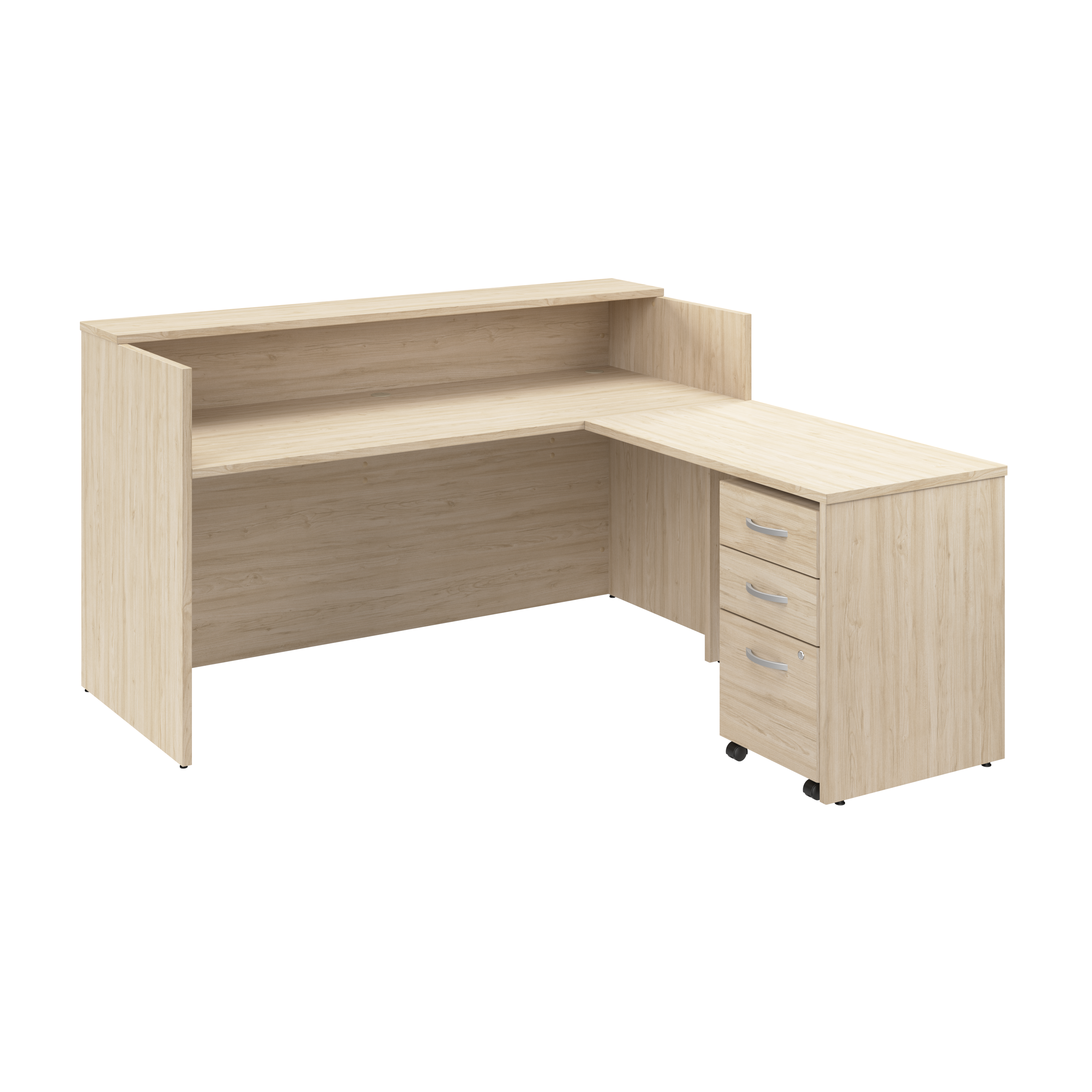 Shop Bush Business Furniture Arrive 72W x 72D L Shaped Reception Desk with Shelf and Mobile File Cabinet 02 ARV007NE #color_natural elm