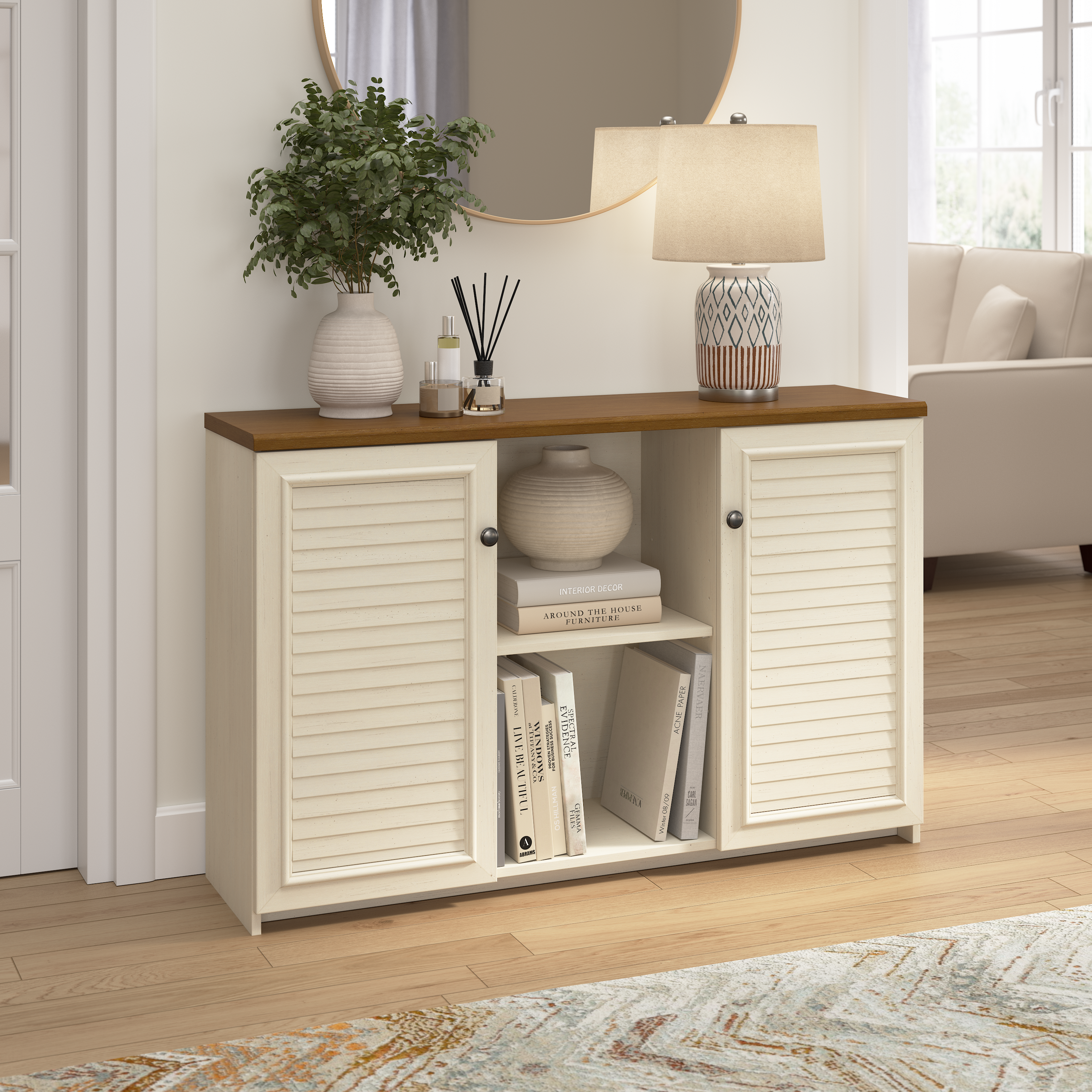 Shop Bush Furniture Fairview Accent Cabinet with Doors 01 WC53248-03 #color_antique white/tea maple