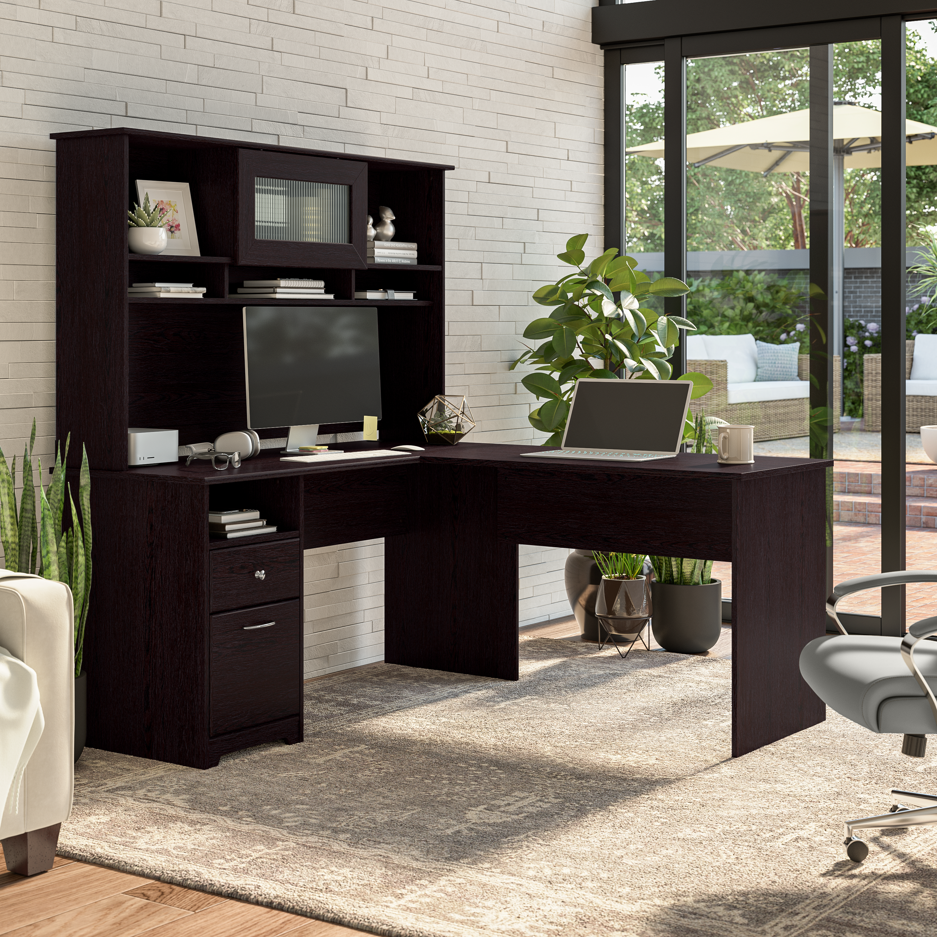Shop Bush Furniture Cabot 60W L Shaped Computer Desk with Hutch and Drawers 01 CAB046EPO #color_espresso oak