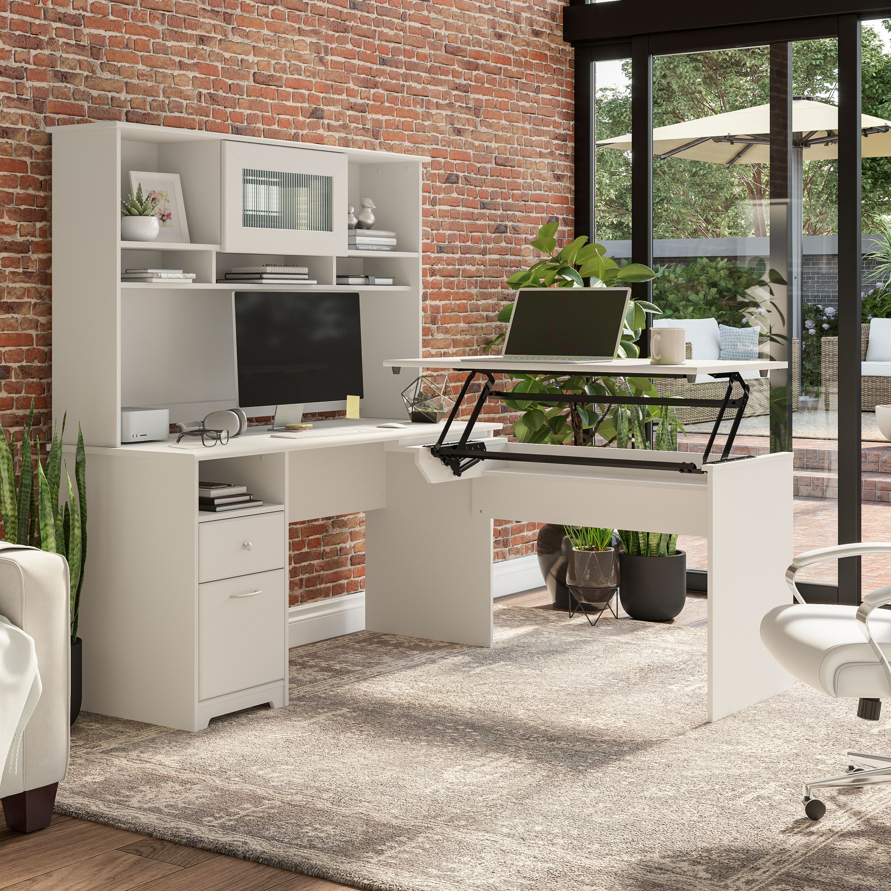 Shop Bush Furniture Cabot 60W 3 Position Sit to Stand L Shaped Desk with Hutch 01 CAB045WHN #color_white