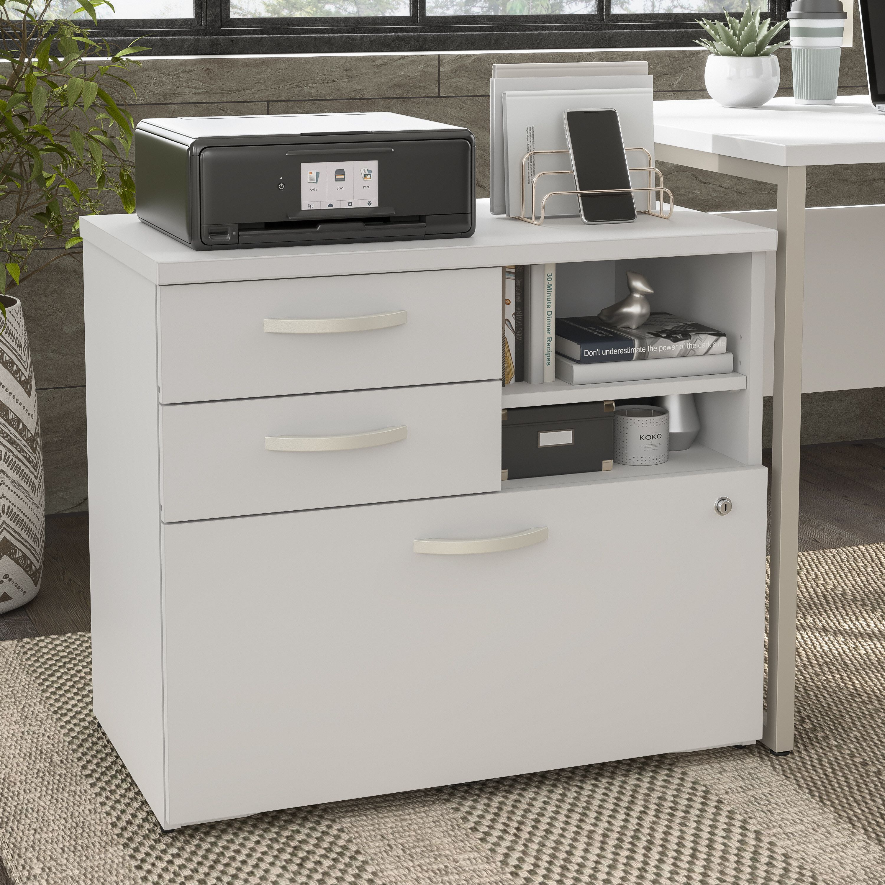 Shop Bush Business Furniture Hybrid Office Storage Cabinet with Drawers and Shelves 01 HYF130WHSU-Z #color_white