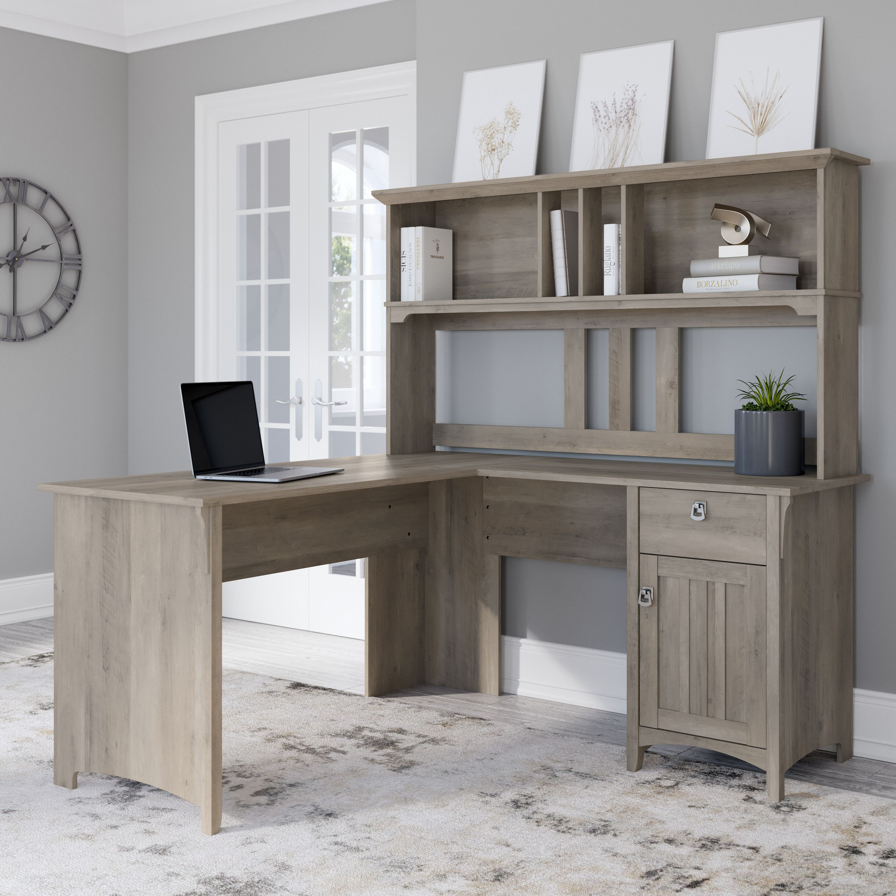 Shop Bush Furniture Salinas 60W L Shaped Desk with Hutch 01 SAL004DG #color_driftwood gray