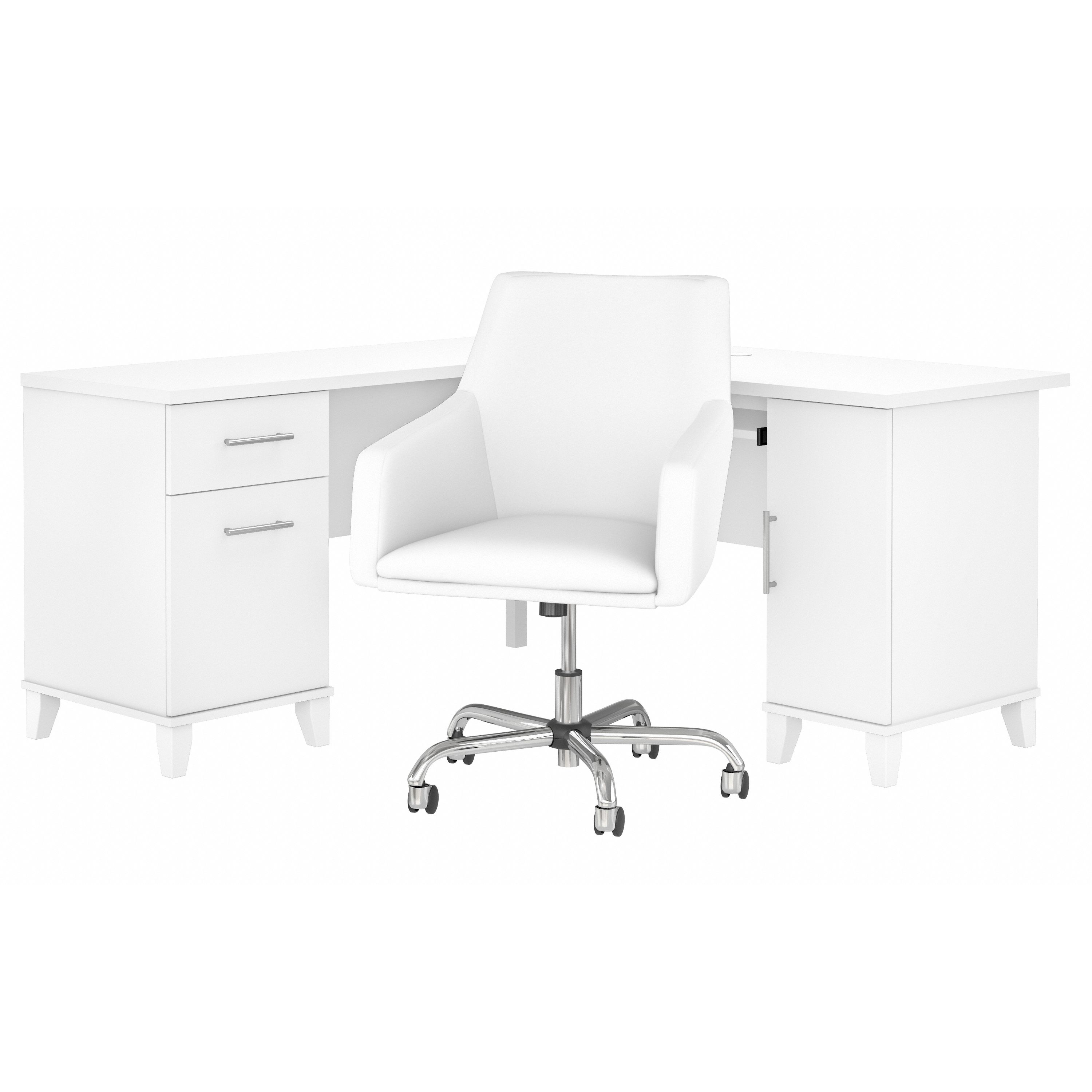Shop Bush Furniture Somerset 60W L Shaped Desk with Mid Back Leather Box Chair 02 SET022WH #color_white
