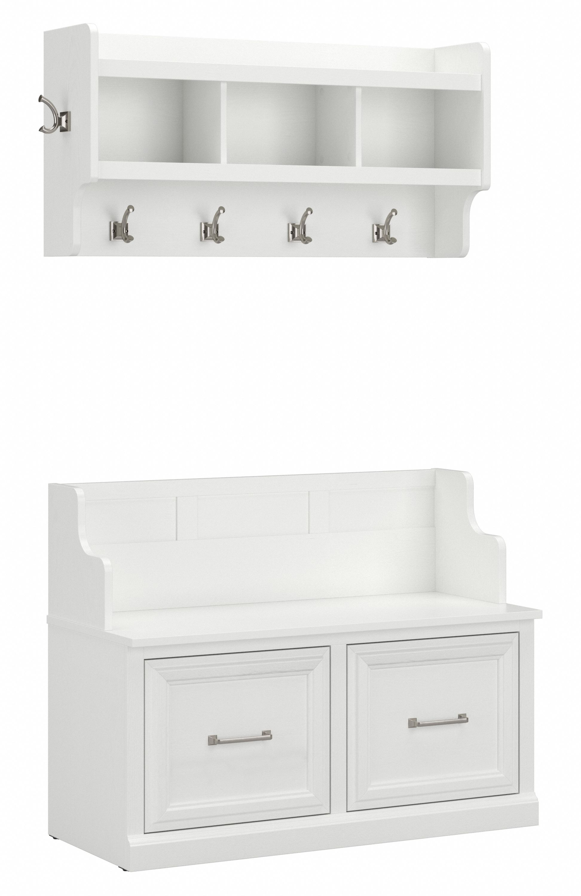 Shop Bush Furniture Woodland 40W Entryway Bench with Doors and Wall Mounted Coat Rack 02 WDL009WAS #color_white ash