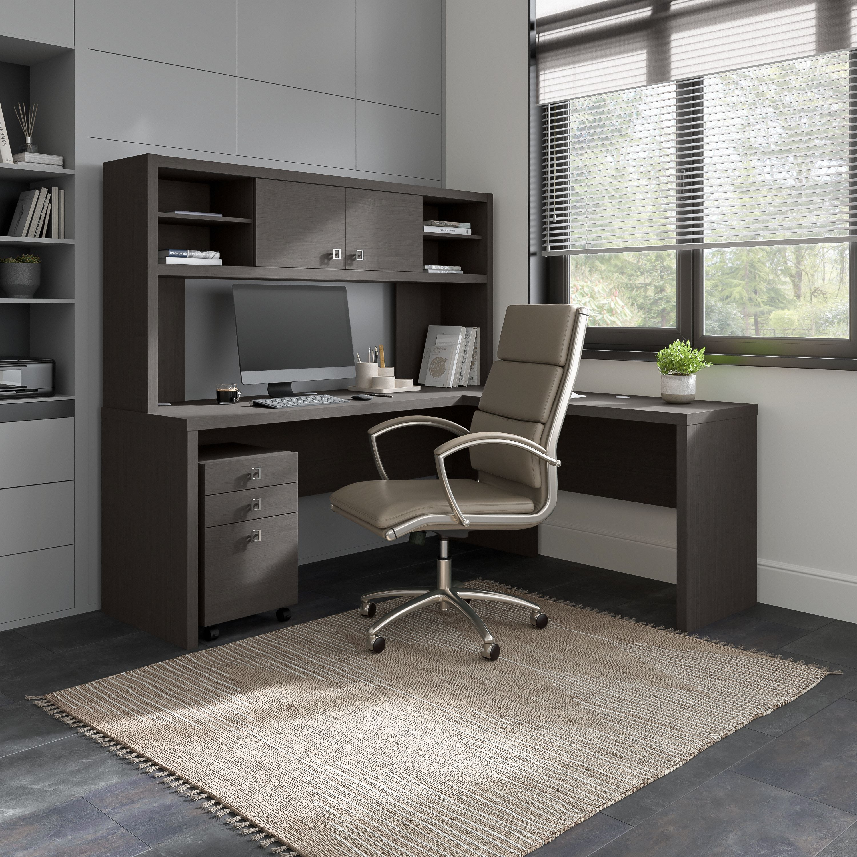Shop Bush Business Furniture Echo 72W L Shaped Computer Desk with Hutch and 3 Drawer Mobile File Cabinet 01 ECH051CM #color_charcoal maple