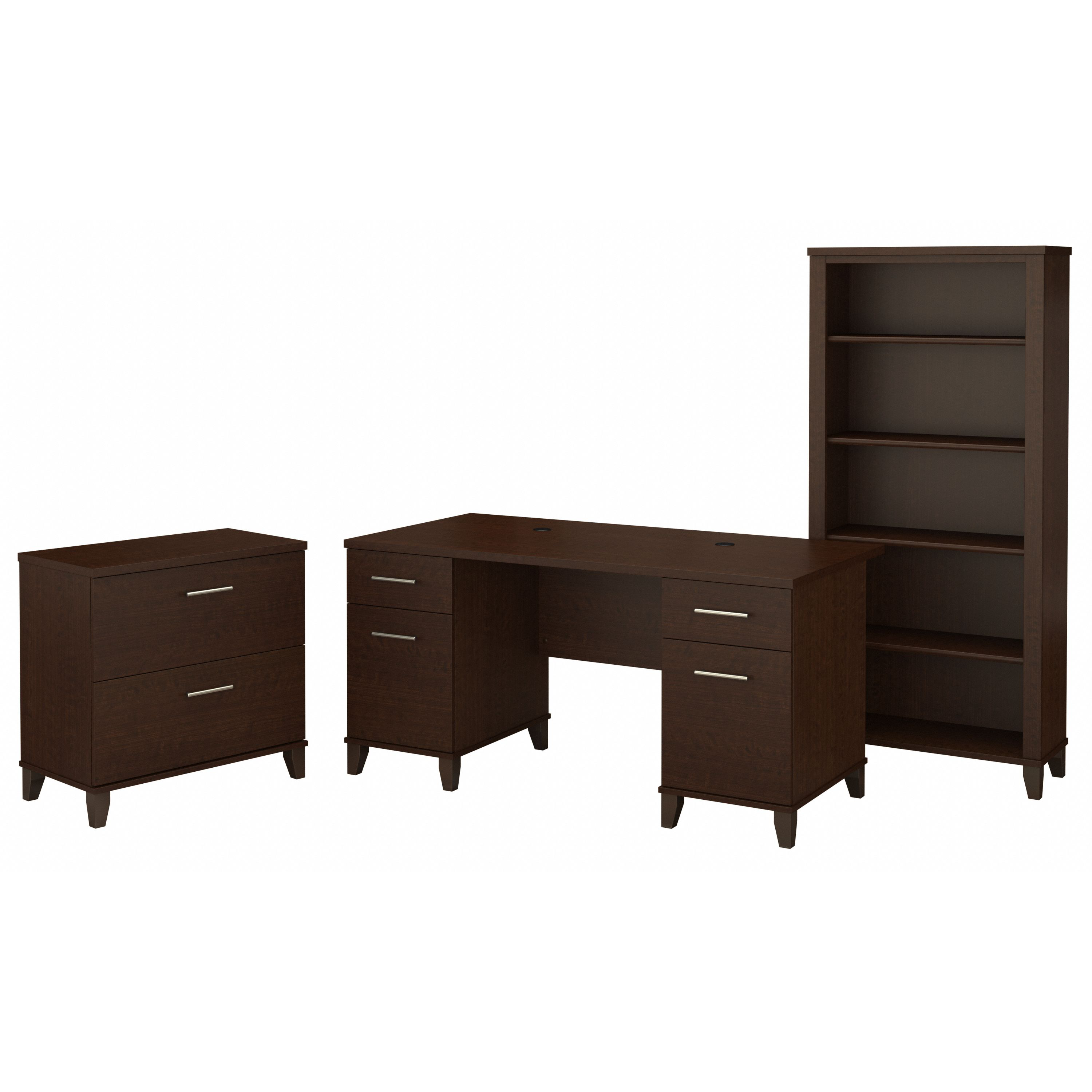 Shop Bush Furniture Somerset 60W Office Desk with Lateral File Cabinet and 5 Shelf Bookcase 02 SET013MR #color_mocha cherry