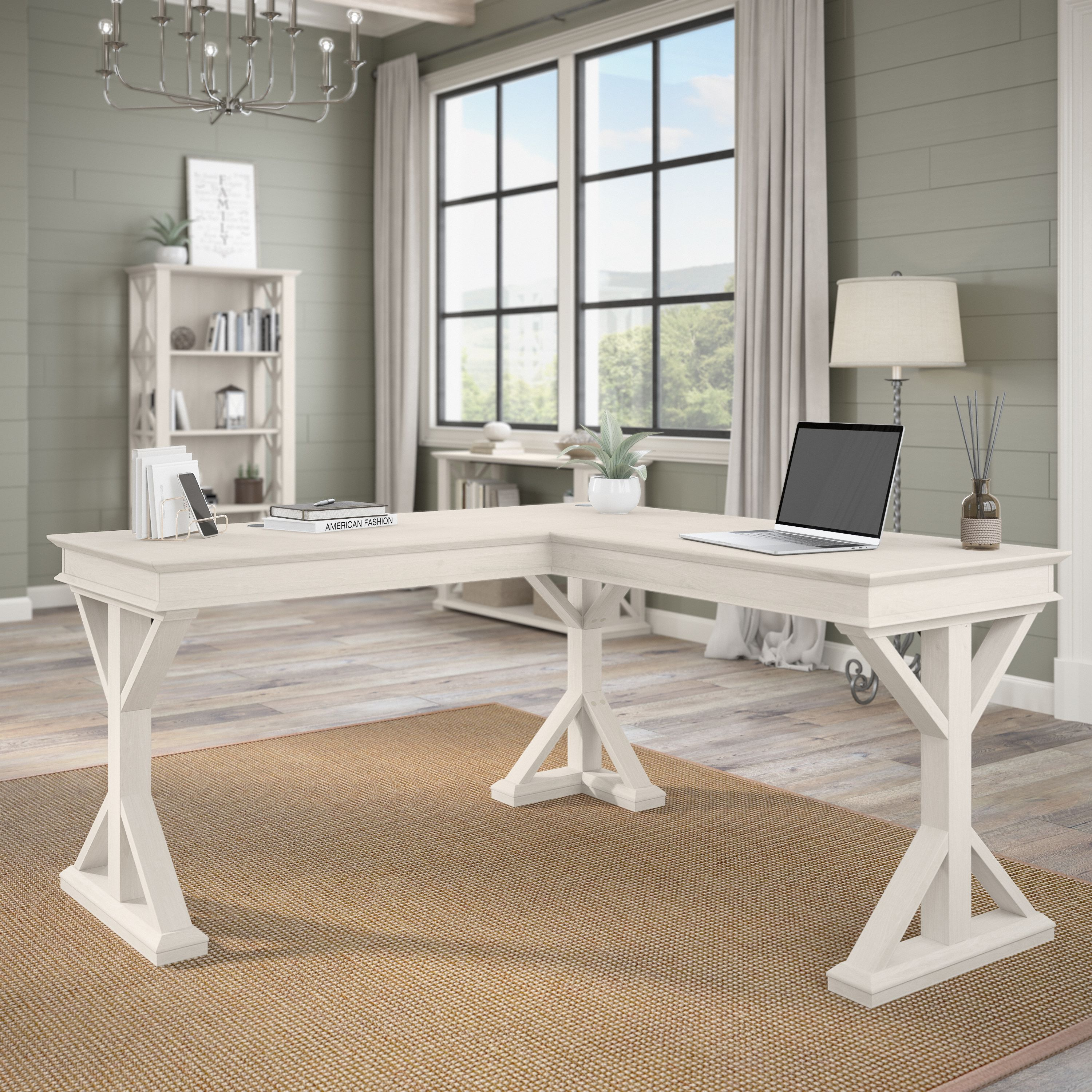 Shop Bush Furniture Homestead 60W Farmhouse L Shaped Desk 01 HOD160LW-03K #color_linen white oak