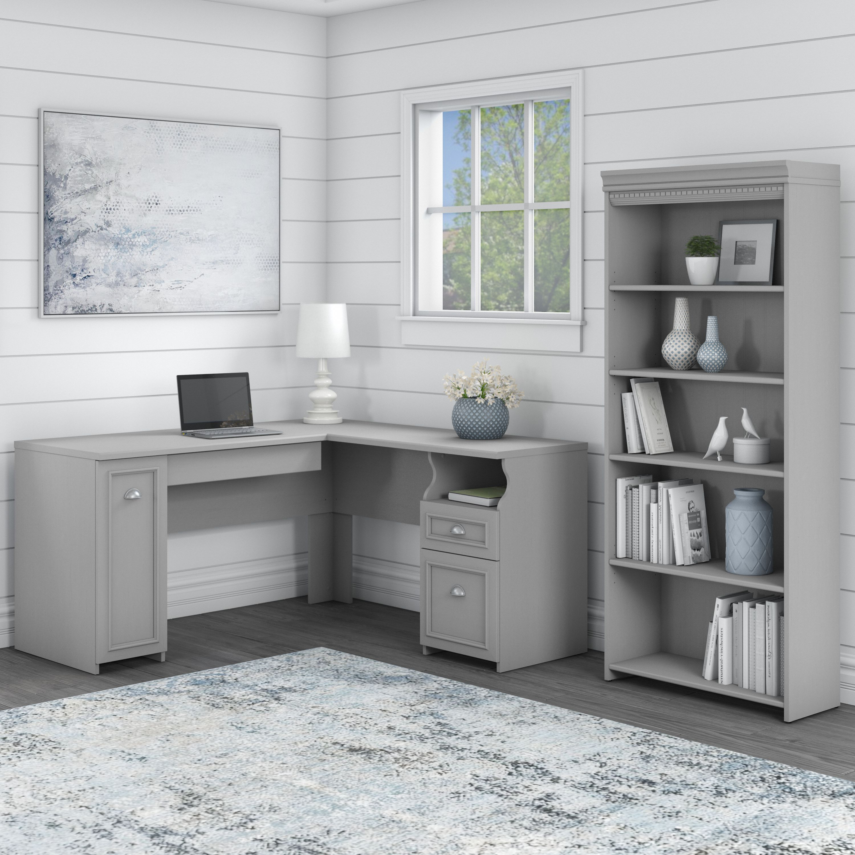 Shop Bush Furniture Fairview 60W L Shaped Desk with 5 Shelf Bookcase 01 FV007CG #color_cape cod gray