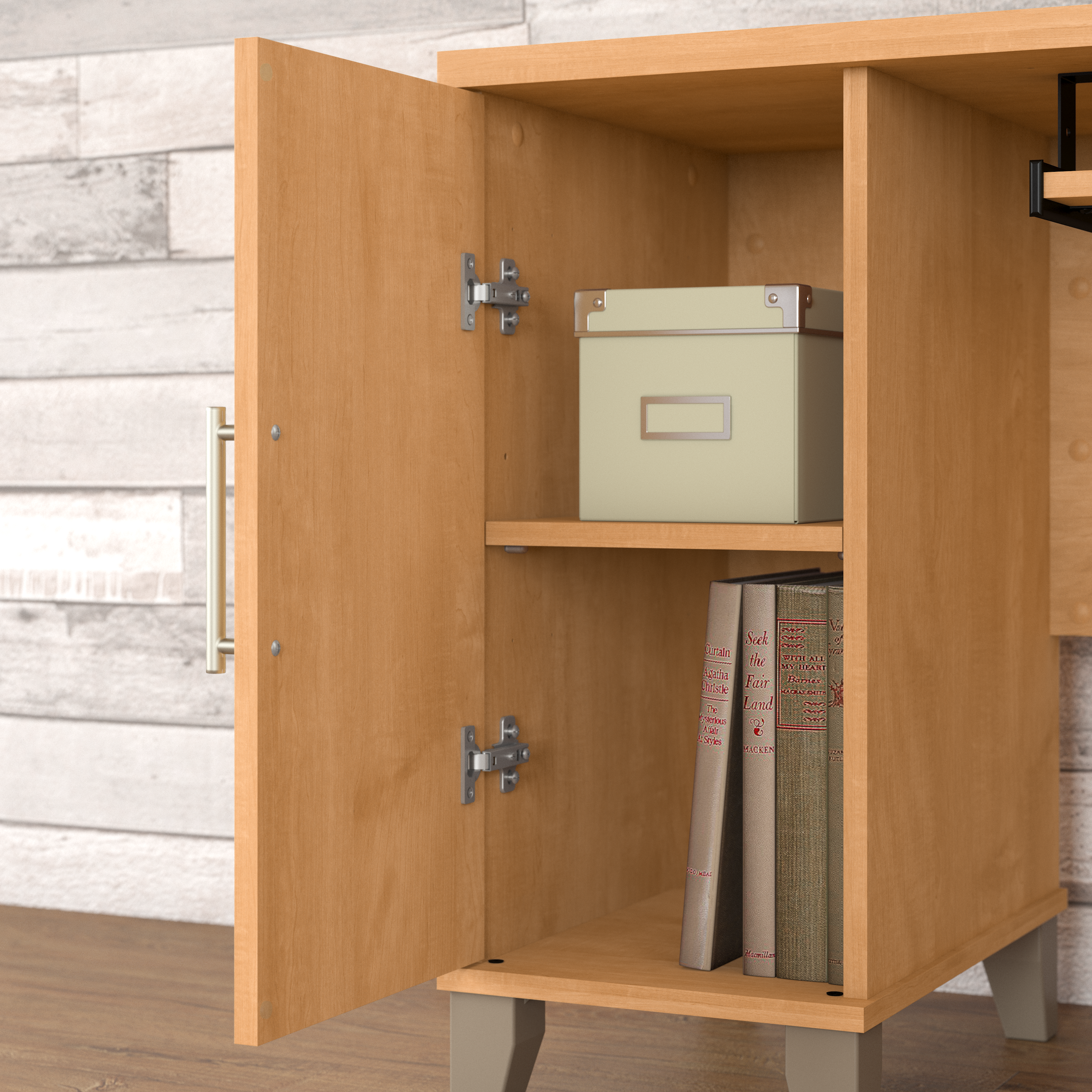 Shop Bush Furniture Somerset 72W L Shaped Desk with Hutch and 5 Shelf Bookcase 04 SET011MC #color_maple cross