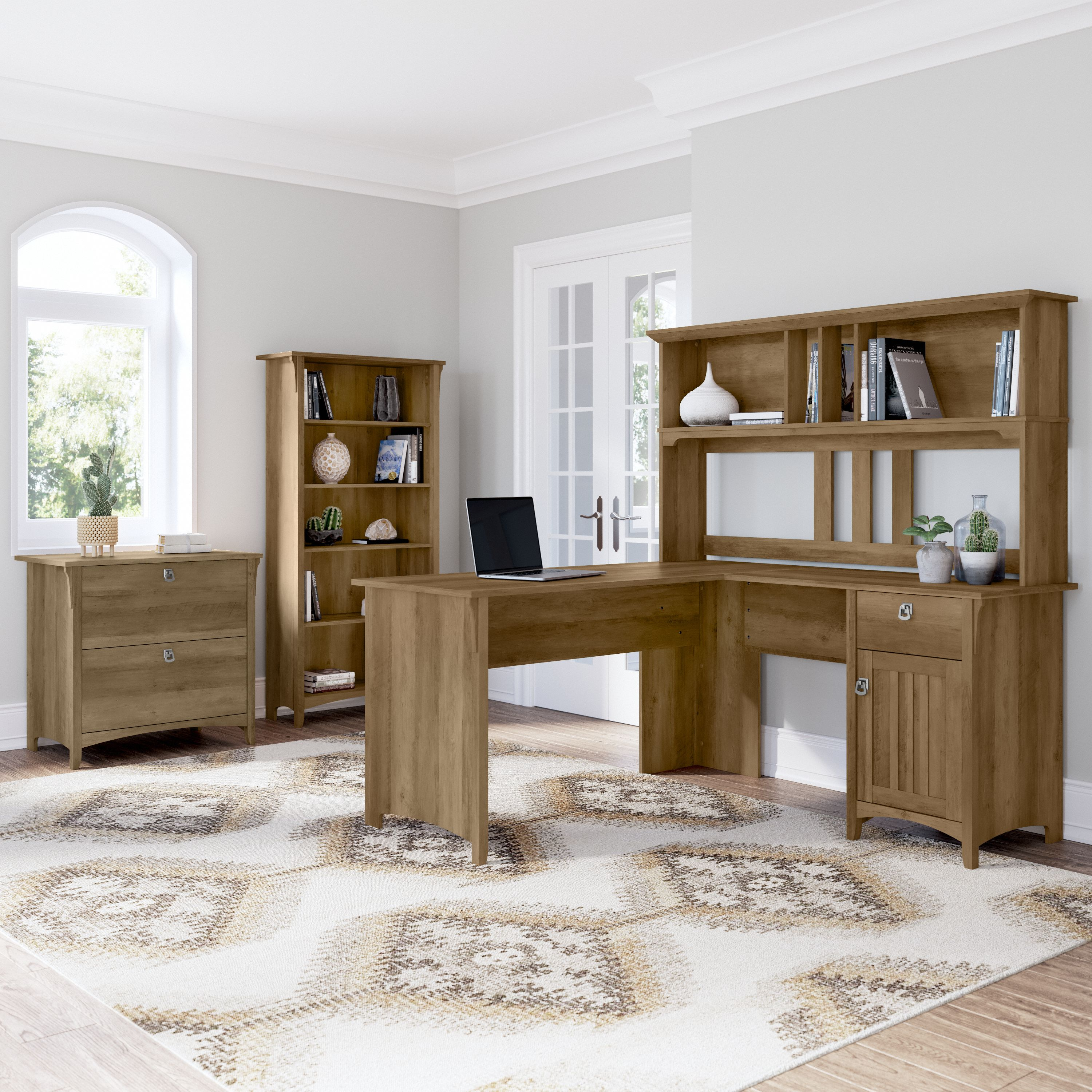 Shop Bush Furniture Salinas 60W L Shaped Desk with Hutch, Lateral File Cabinet and 5 Shelf Bookcase 01 SAL007RCP #color_reclaimed pine