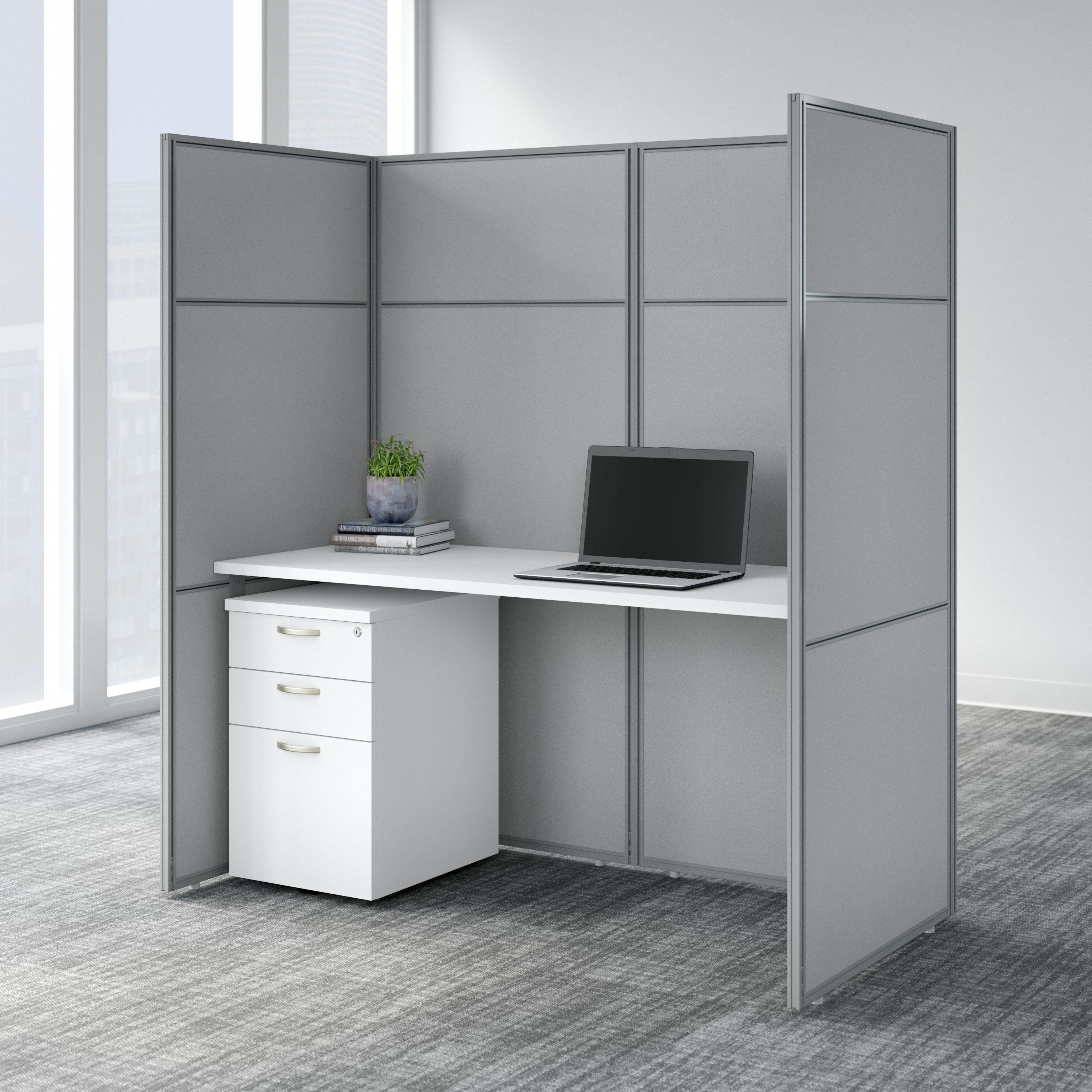 Shop Bush Business Furniture Easy Office 60W Cubicle Desk with File Cabinet and 66H Closed Panels Workstation 01 EODH26SWH-03K #color_pure white/silver gray fabric