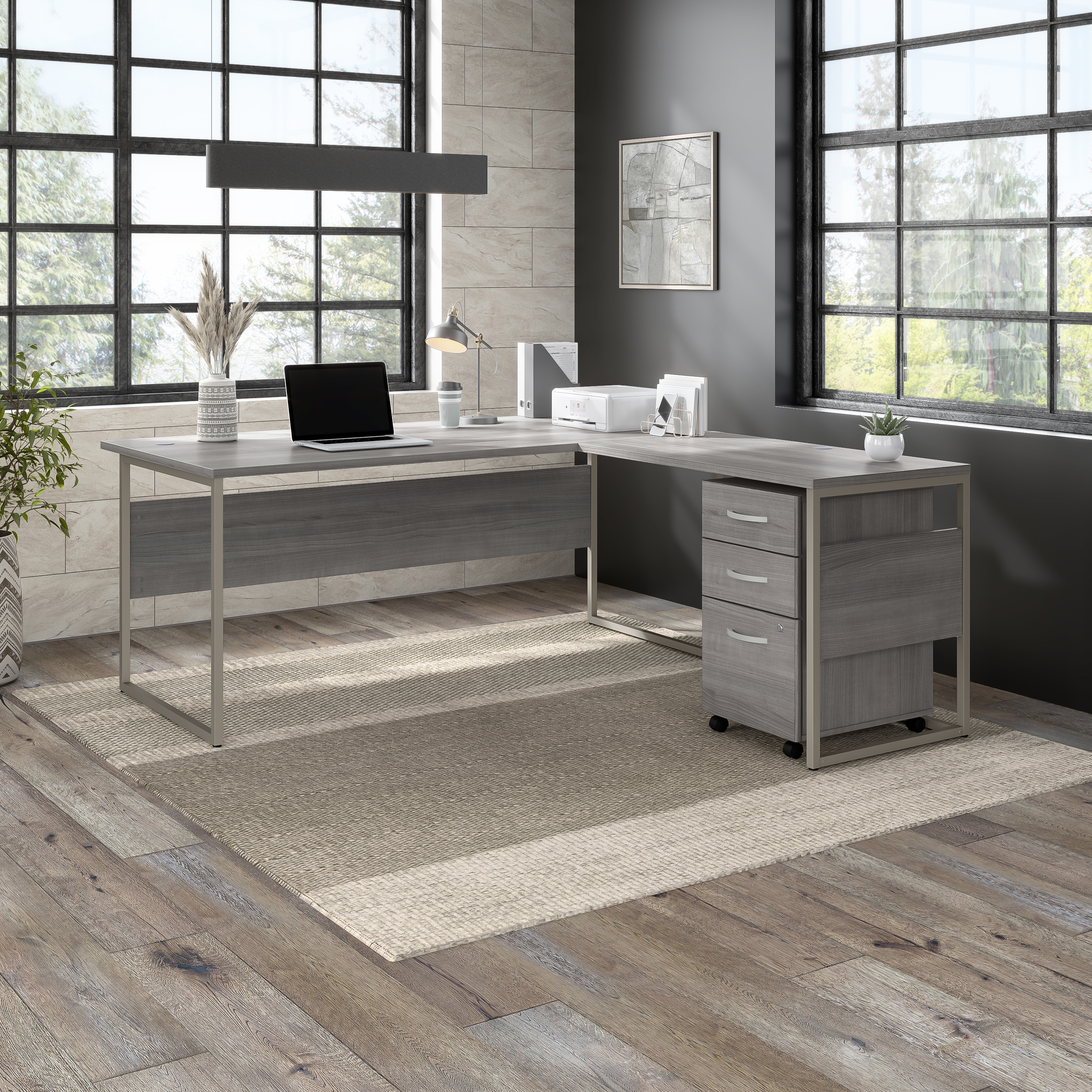 Shop Bush Business Furniture Hybrid 72W x 36D L Shaped Table Desk with 3 Drawer Mobile File Cabinet 01 HYB010PGSU #color_platinum gray