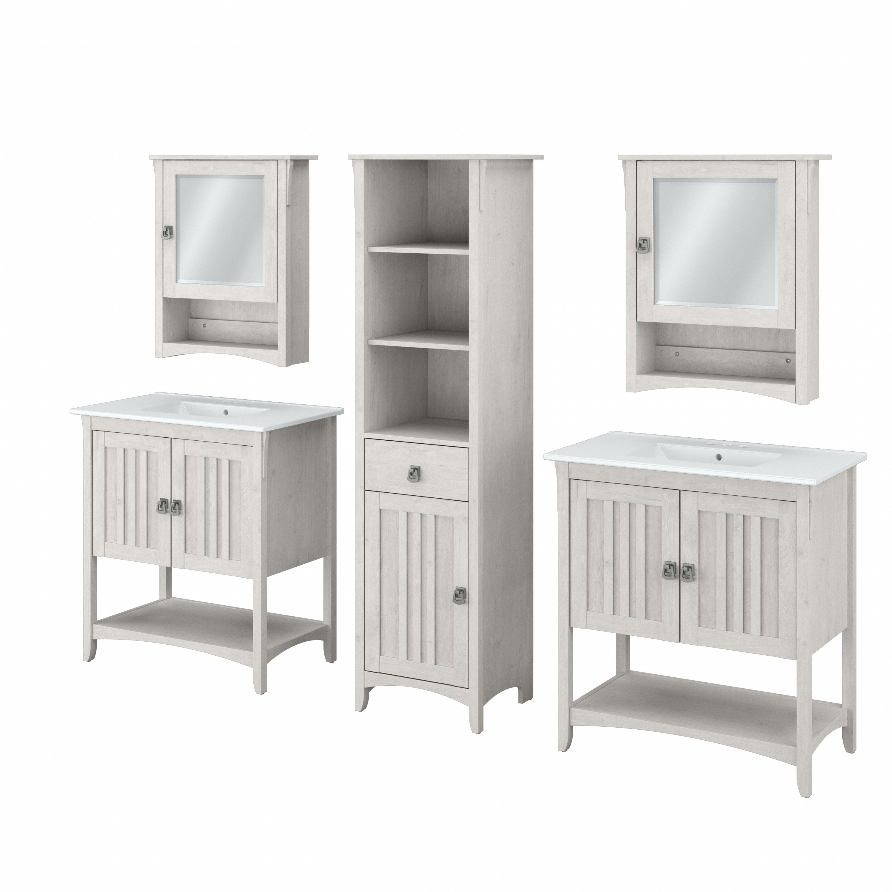 Shop Bush Furniture Salinas 64W Double Vanity Set with Sinks, Medicine Cabinets and Linen Tower 02 SAL035LW #color_linen white oak
