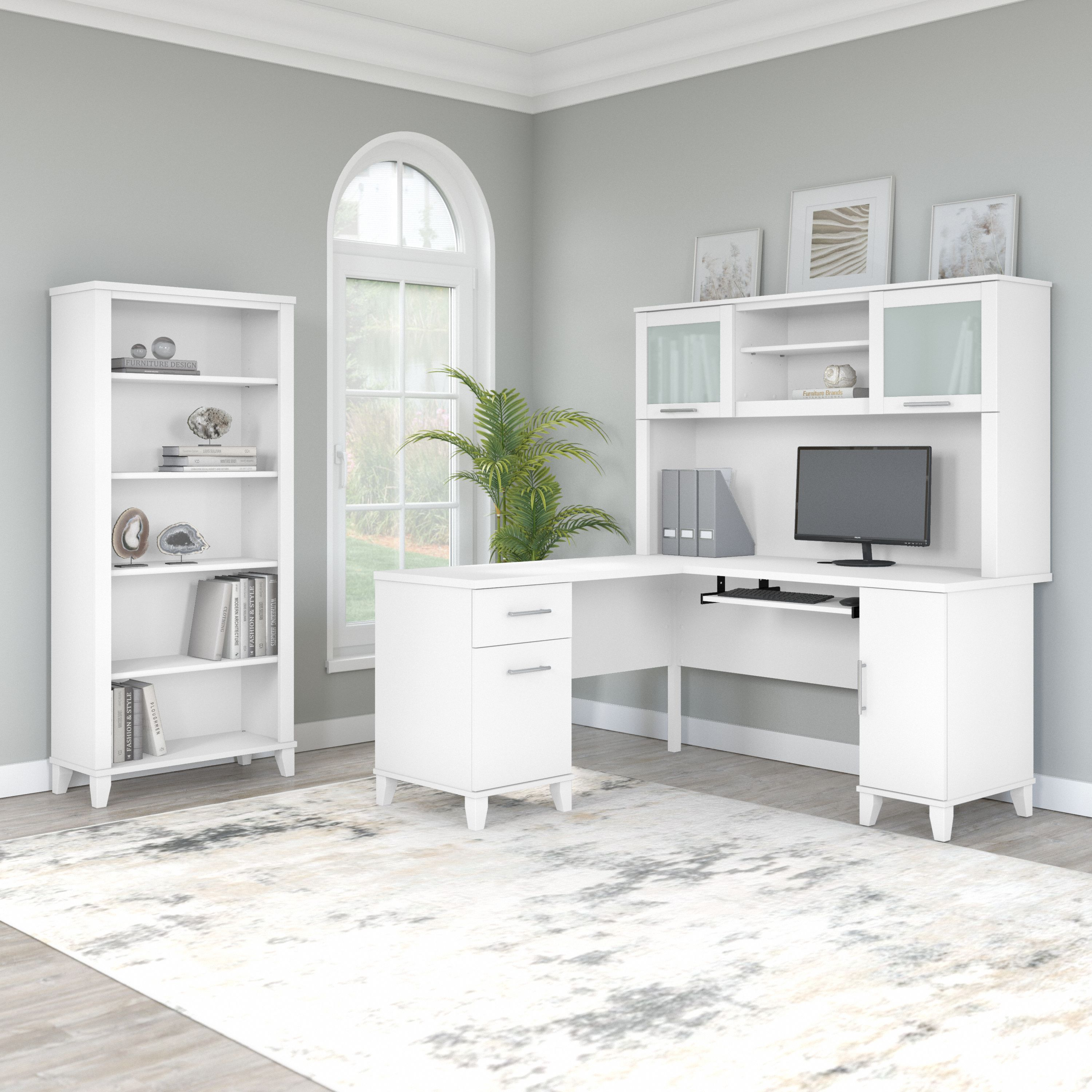 Shop Bush Furniture Somerset 60W L Shaped Desk with Hutch and 5 Shelf Bookcase 01 SET010WH #color_white