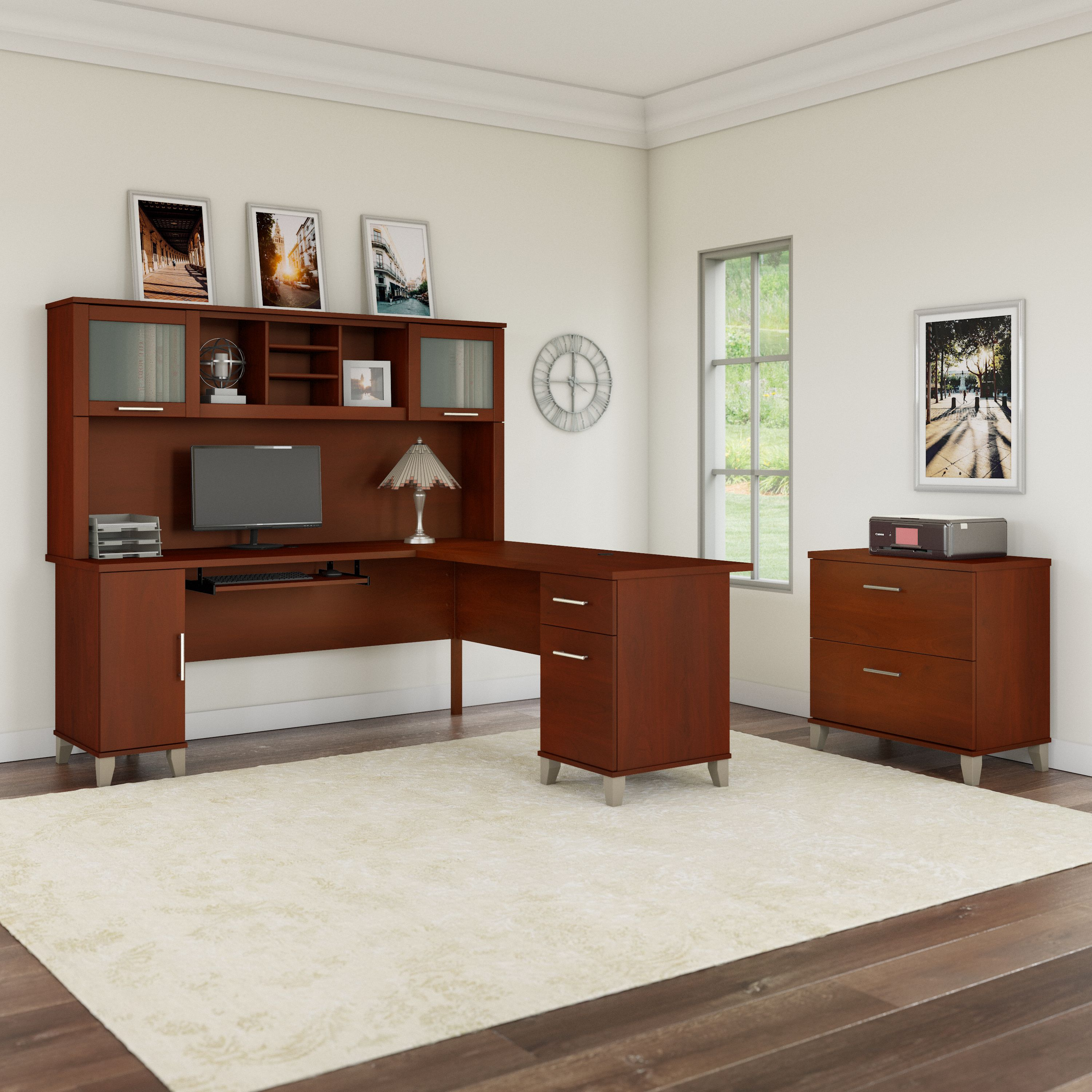 Shop Bush Furniture Somerset 72W L Shaped Desk with Hutch and Lateral File Cabinet 01 SET009HC #color_hansen cherry