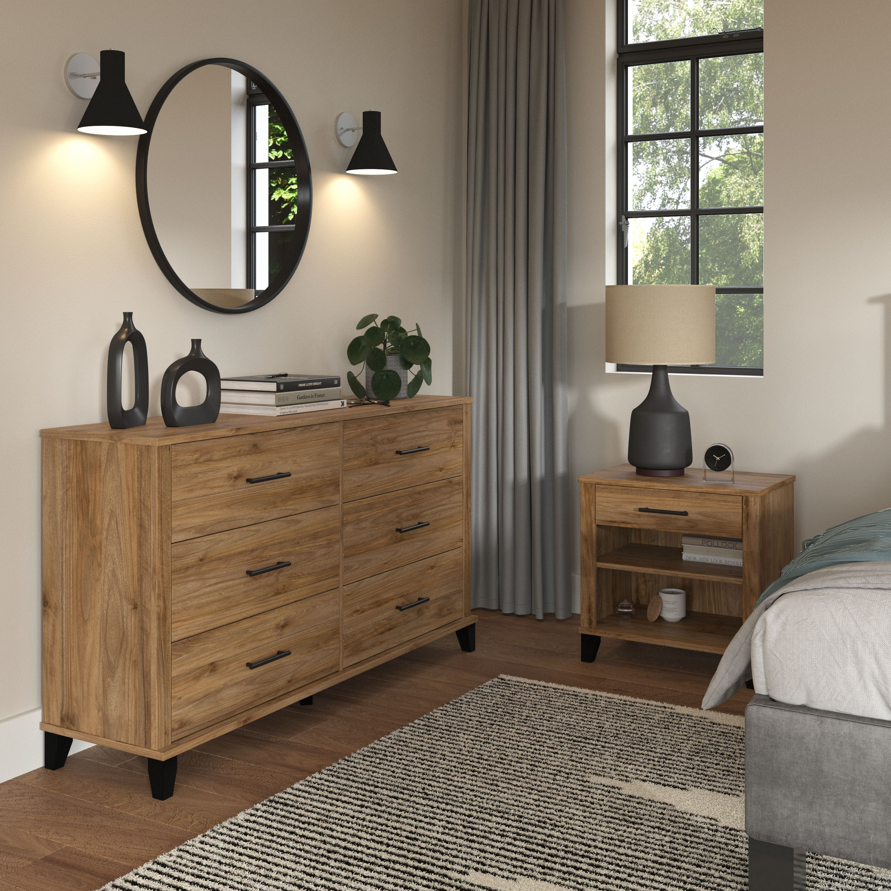 Shop Bush Furniture Somerset 6 Drawer Dresser and Nightstand Set 01 SET035FW #color_fresh walnut