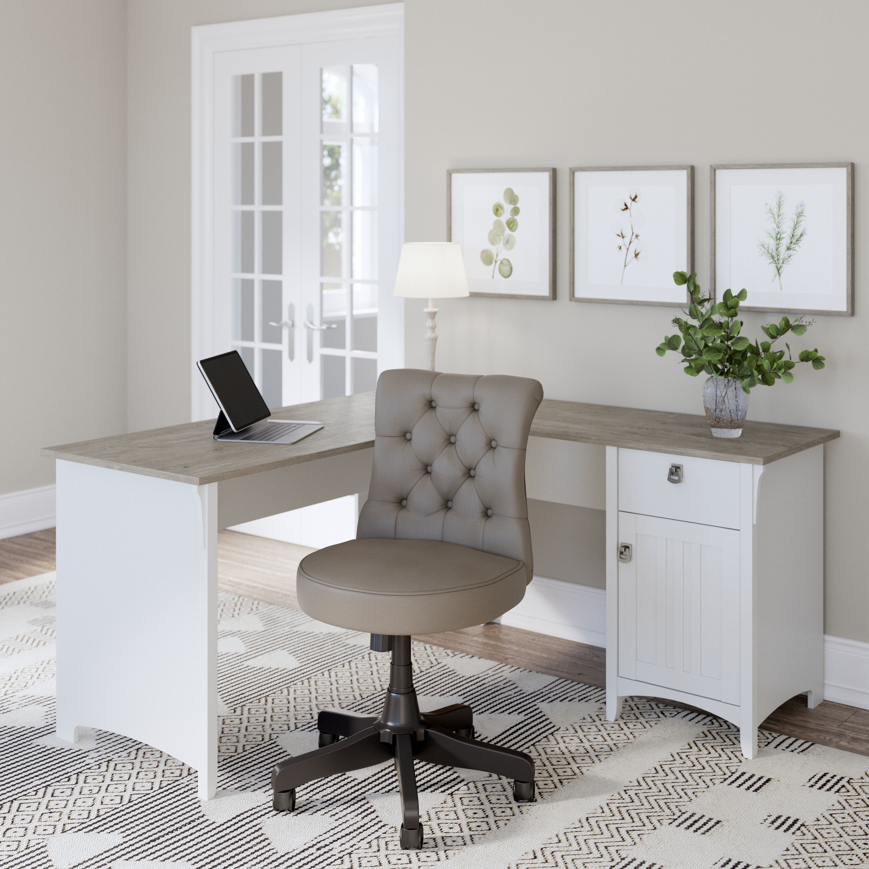 Shop Bush Furniture Salinas 60W L Shaped Desk with Mid Back Tufted Office Chair 01 SAL010G2W #color_shiplap gray/pure white