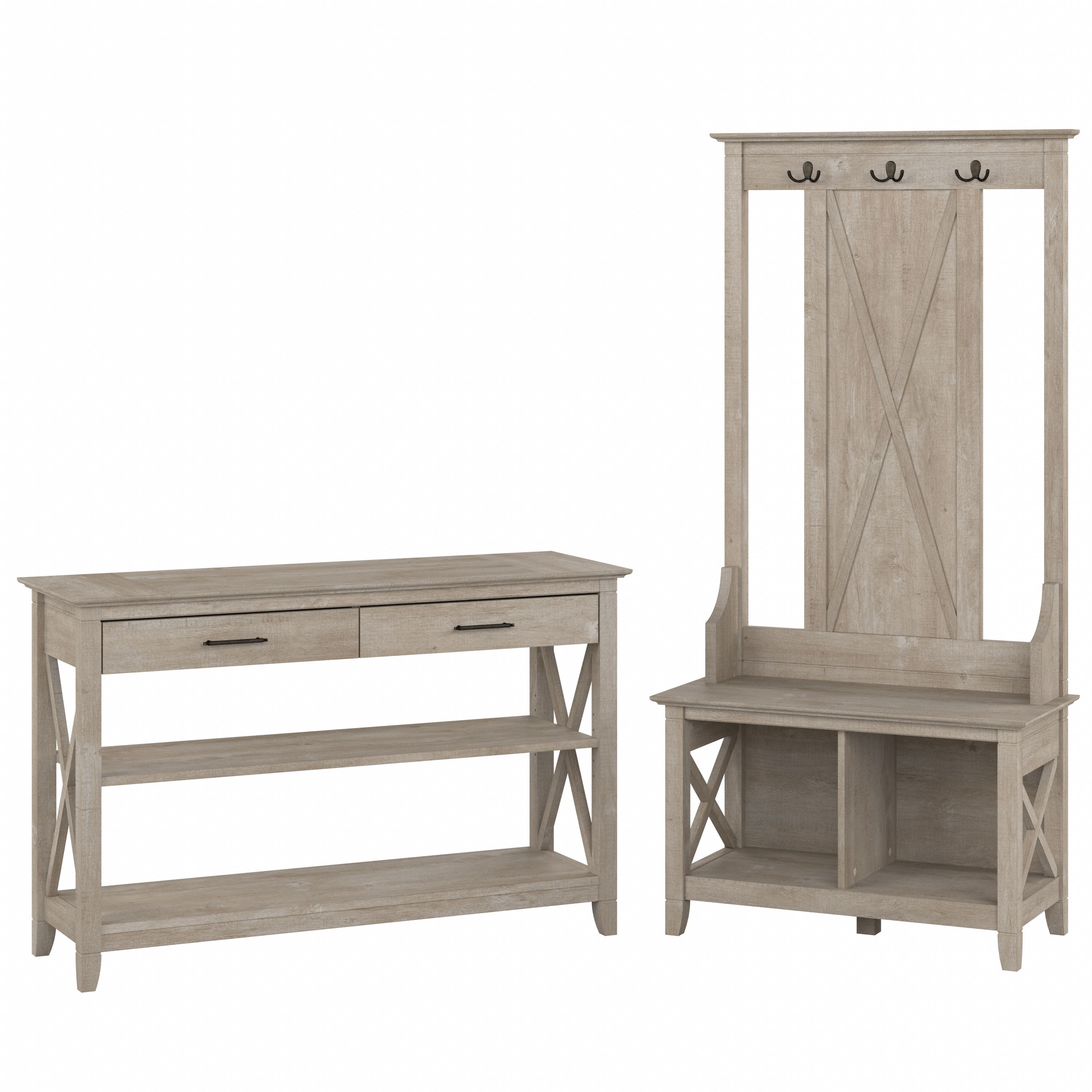 Shop Bush Furniture Key West Entryway Storage Set with Hall Tree, Shoe Bench and Console Table 02 KWS056WG #color_washed gray