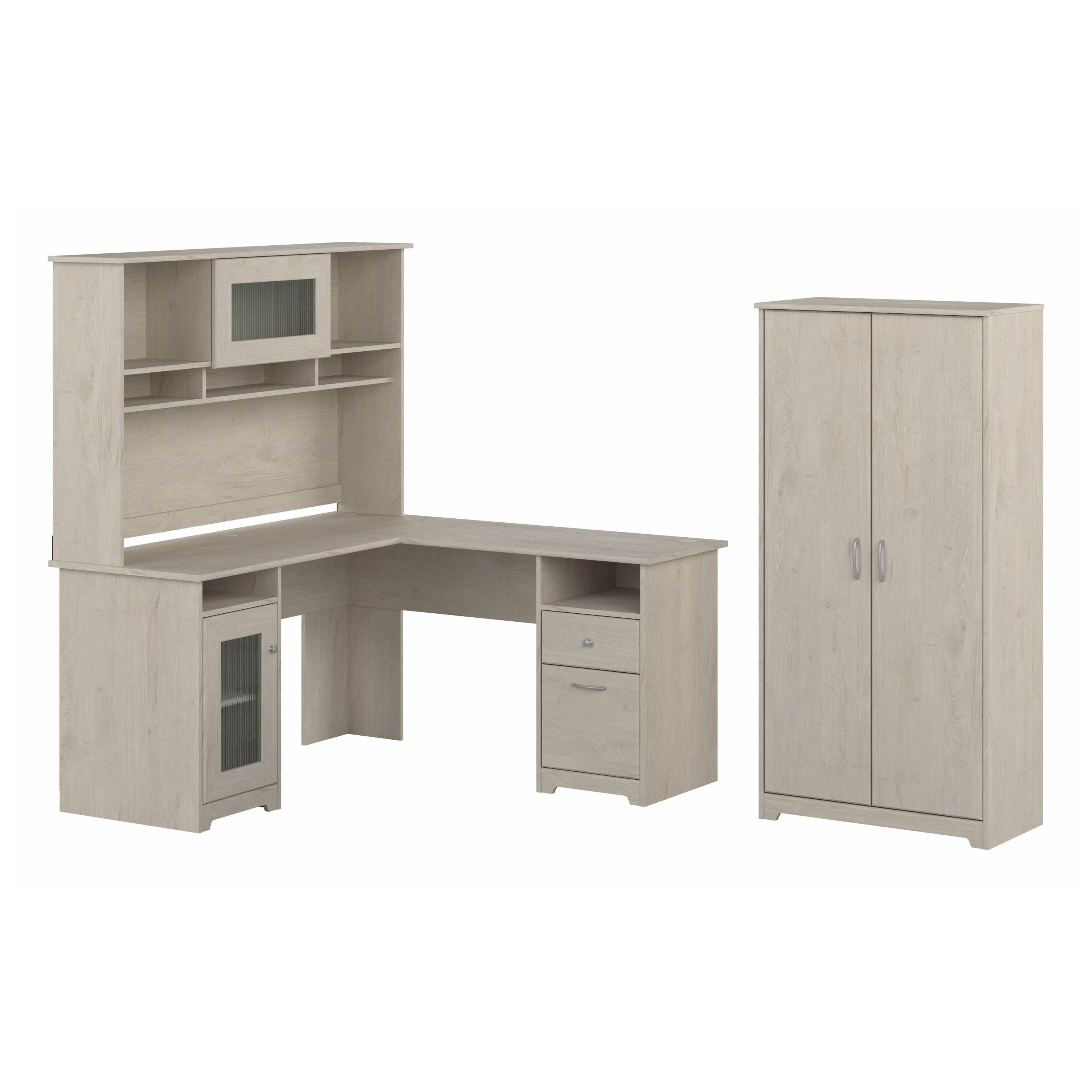 Shop Bush Furniture Cabot 60W L Shaped Computer Desk with Hutch and Tall Storage Cabinet 02 CAB017LW #color_linen white oak