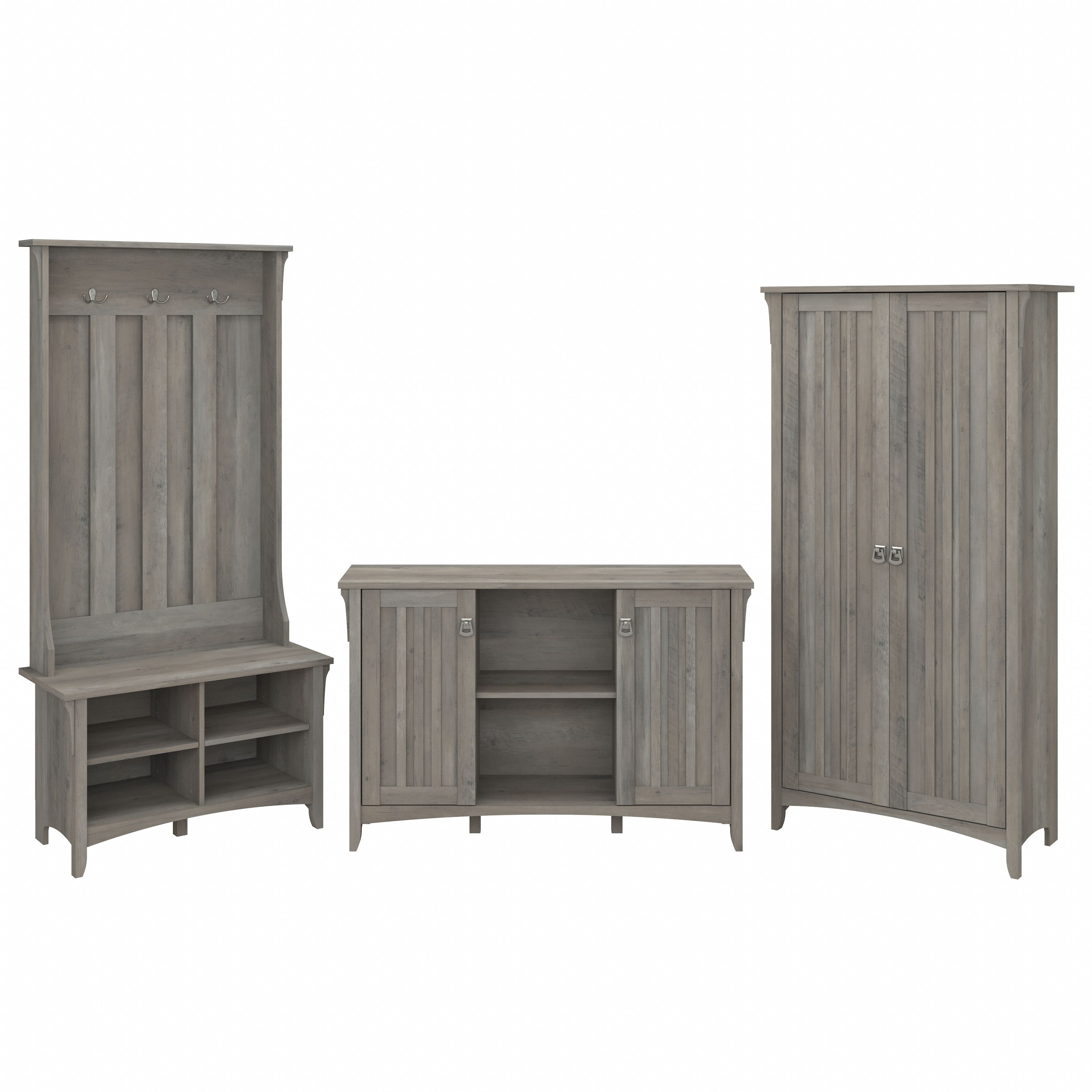 Shop Bush Furniture Salinas Entryway Storage Set with Hall Tree, Shoe Bench and Accent Cabinets 02 SAL016DG #color_driftwood gray