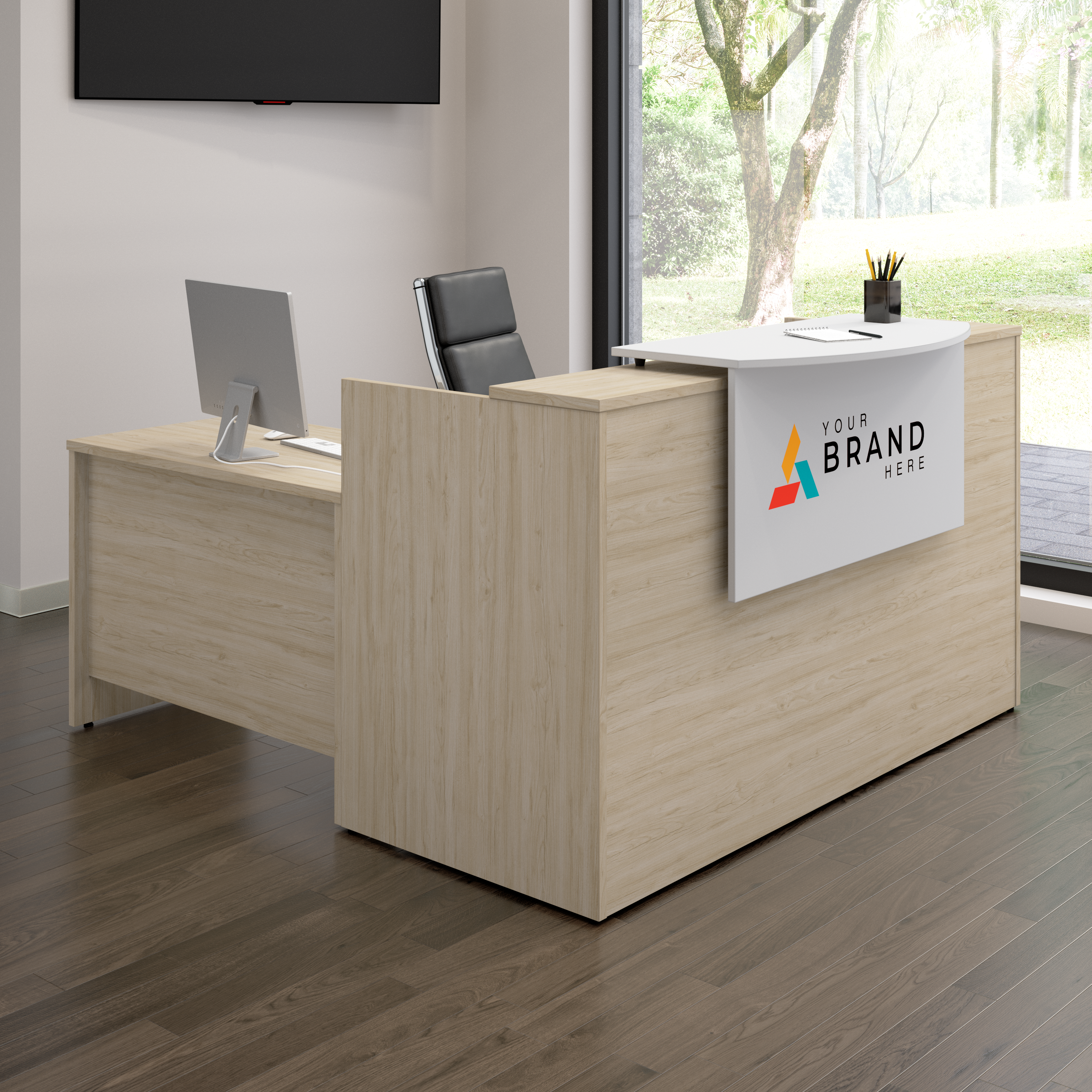 Shop Bush Business Furniture Arrive 72W x 72D L Shaped Reception Desk with Counter 06 ARV009NE #color_natural elm