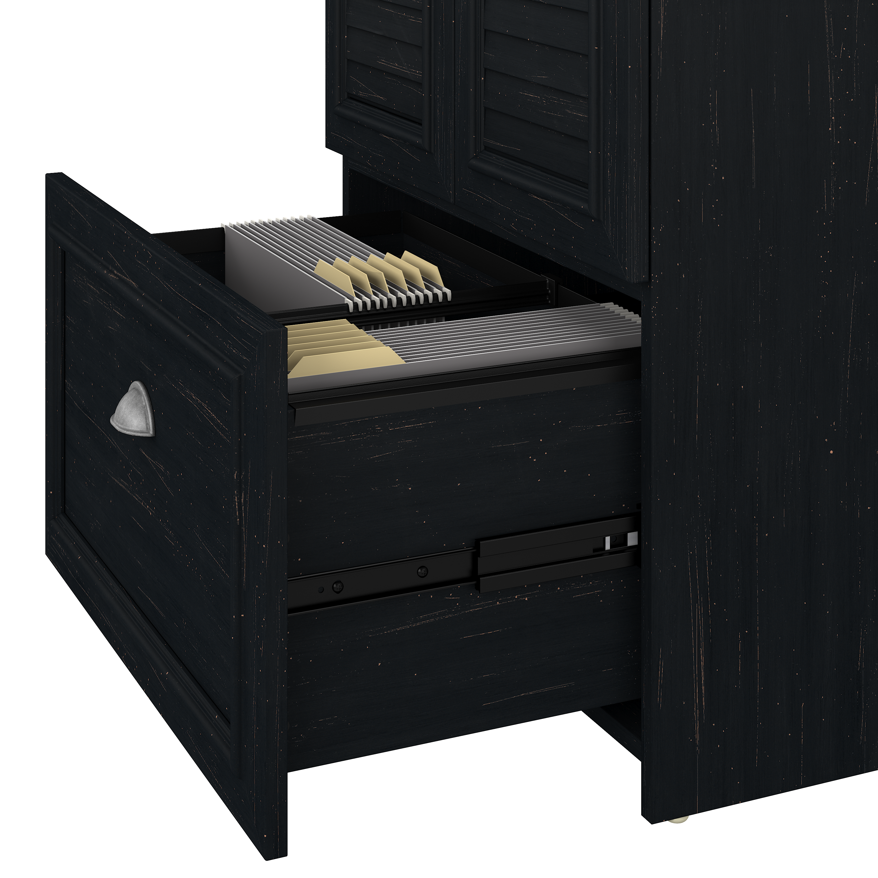 Shop Bush Furniture Fairview 60W L Shaped Desk with Hutch and Storage Cabinet with File Drawer 04 FV010AB #color_antique black/hansen cherry