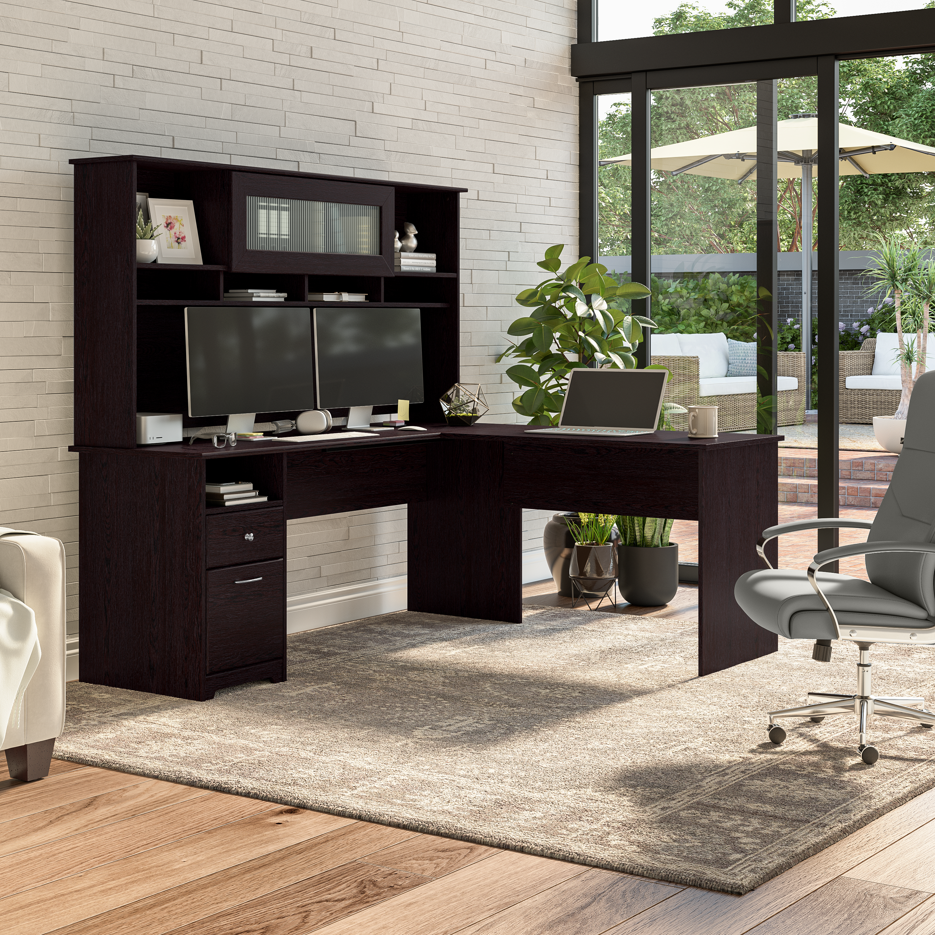 Shop Bush Furniture Cabot 72W L Shaped Computer Desk with Hutch and Drawers 01 CAB053EPO #color_espresso oak