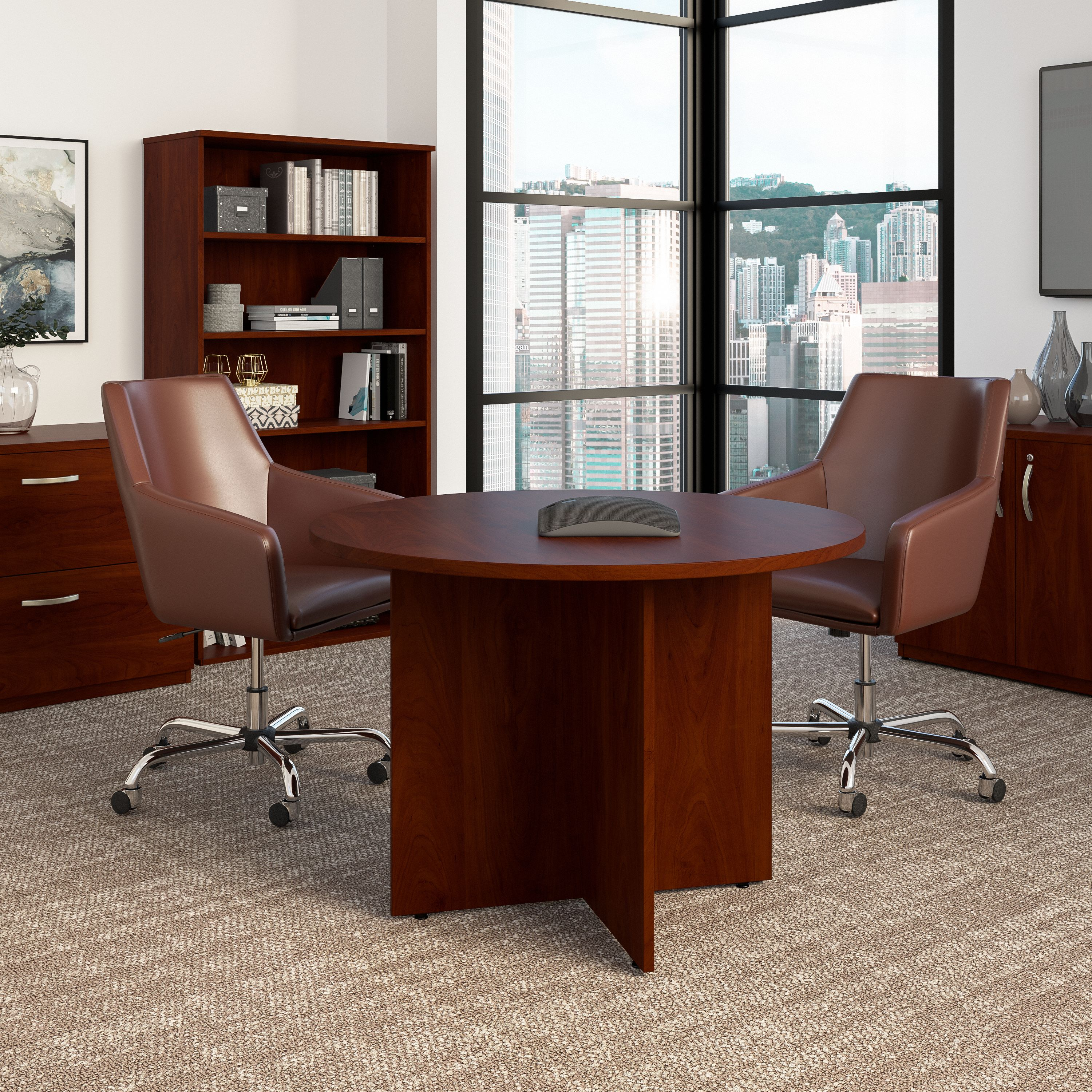 Shop Bush Business Furniture 42W Round Conference Table with Wood Base 01 99TB42RHC #color_hansen cherry
