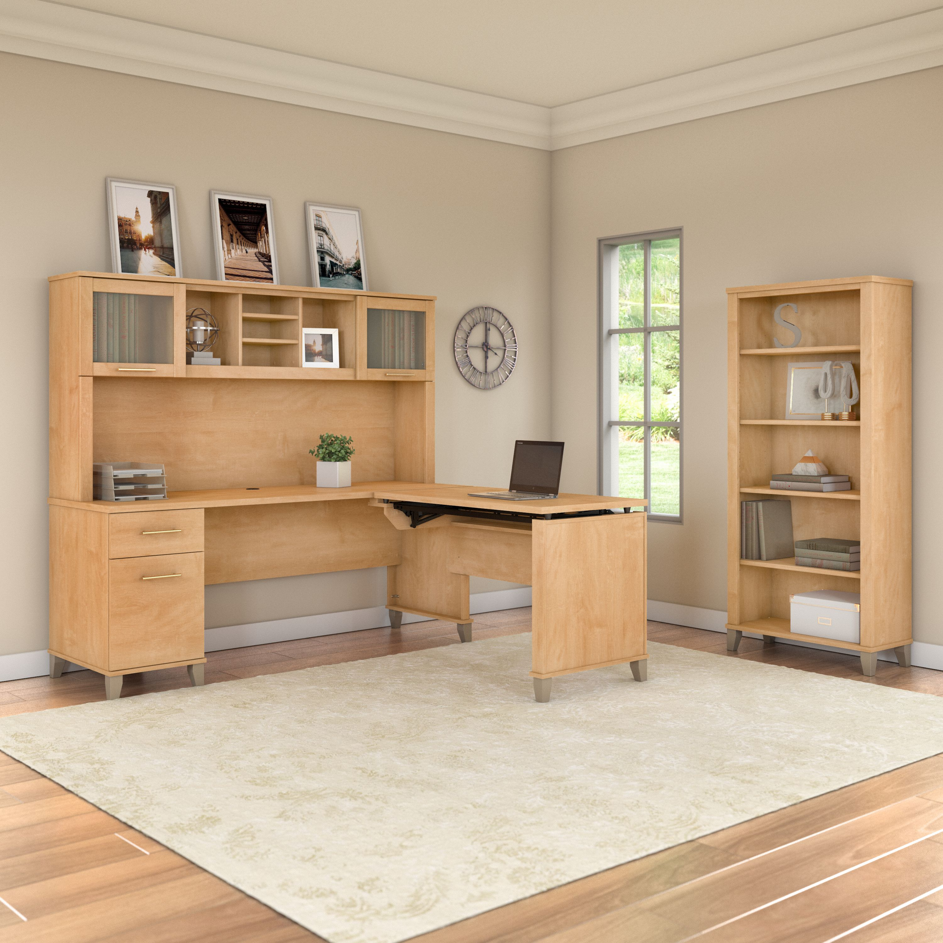 Shop Bush Furniture Somerset 72W 3 Position Sit to Stand L Shaped Desk with Hutch and Bookcase 06 SET017MC #color_maple cross