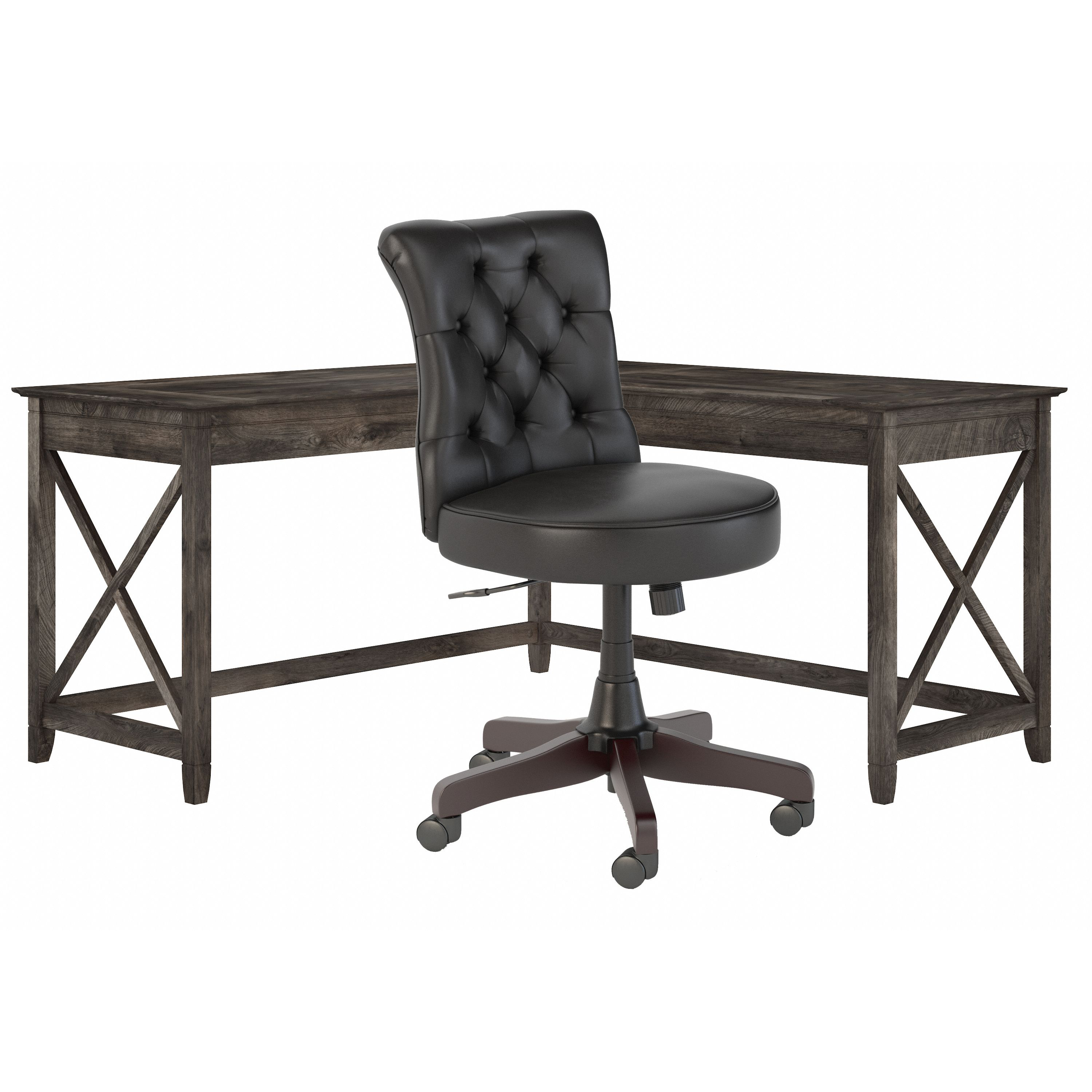 Shop Bush Furniture Key West 60W L Shaped Desk with Mid Back Tufted Office Chair 02 KWS045GH #color_dark gray hickory